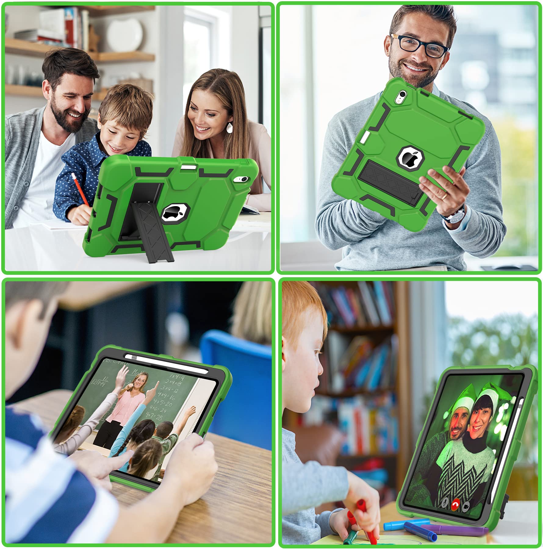 CCMAO Heavy Duty Shockproof Hybrid 3-Layer Protective Case for iPad 11th/10th Gen (2025/2022 Model A16) - Kickstand & Pencil Holder Included - Durable Green & Black Cover for Women & Girls - Perfect for Work, School & Travel