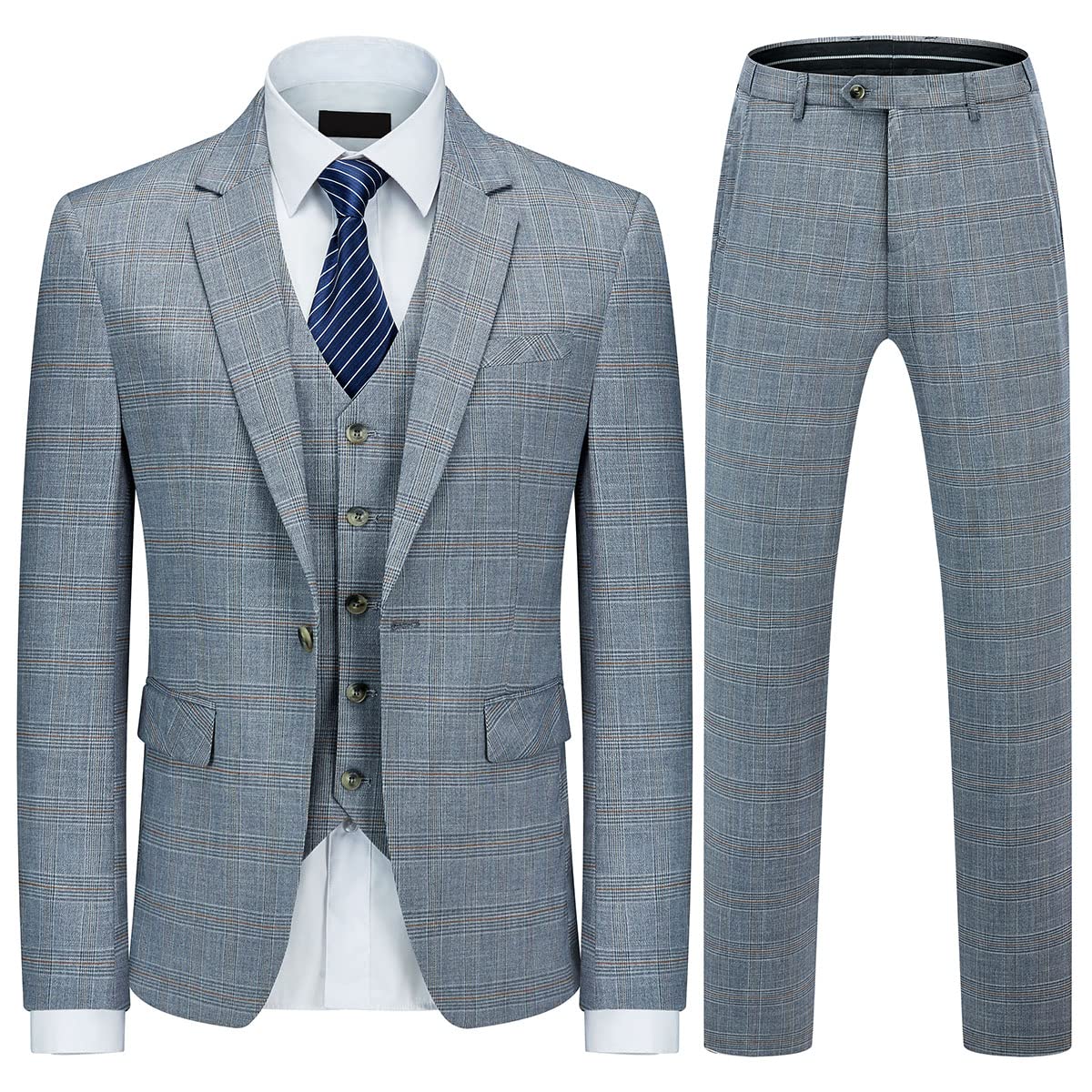 Men's Slim Fit 3-Piece Plaid Suit Set - Modern One Button Blazer, Vest & Pants for Wedding, Business & Casual Occasions | Light Blue Formal Attire for Parties & Office Wear