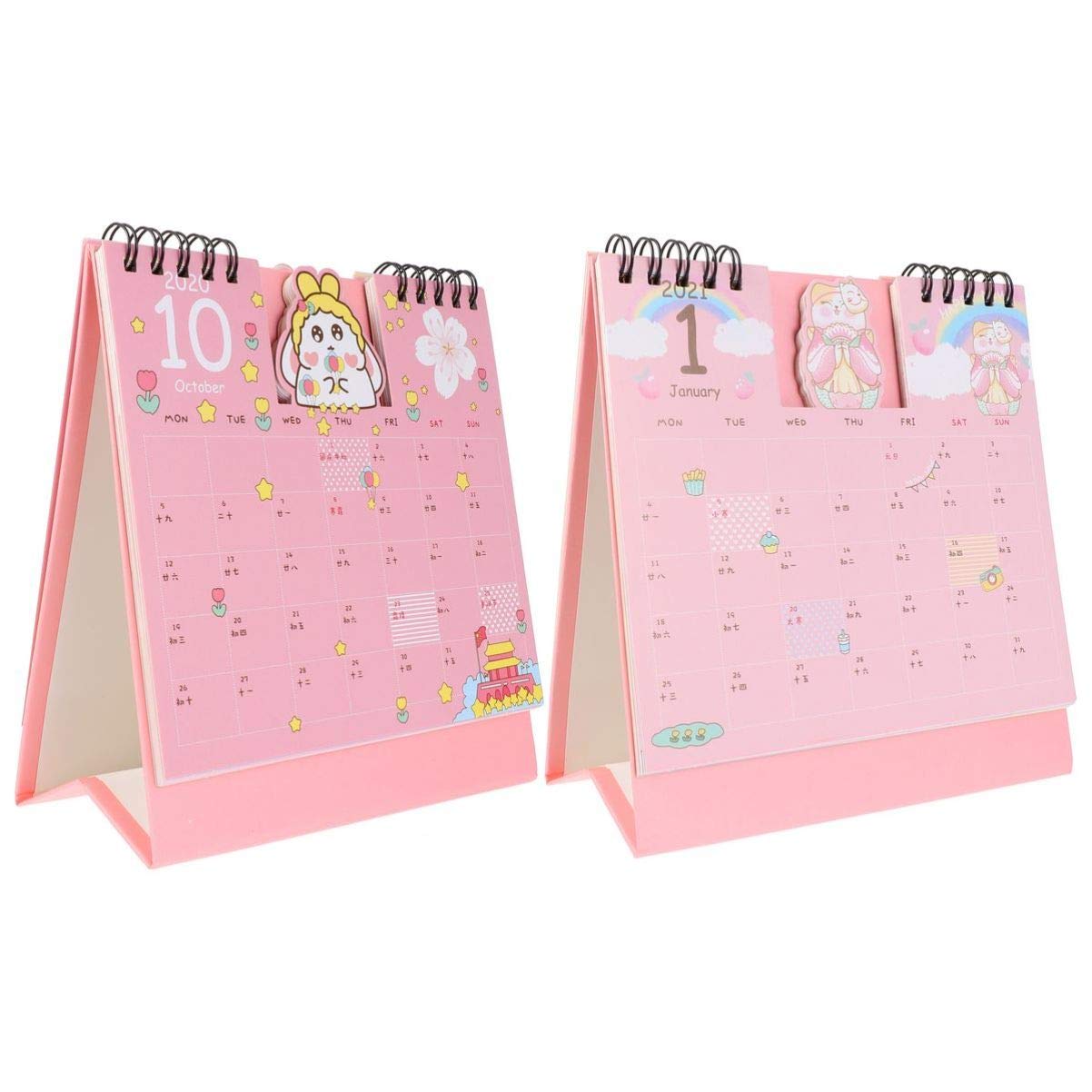 SOIMISS Kids Easel - 2 Pack Cute Cartoon Standing Coil Desk Calendar for Children (Bunny & Lucky Cat Design) - Perfect for Home, Classroom & Playroom Organization