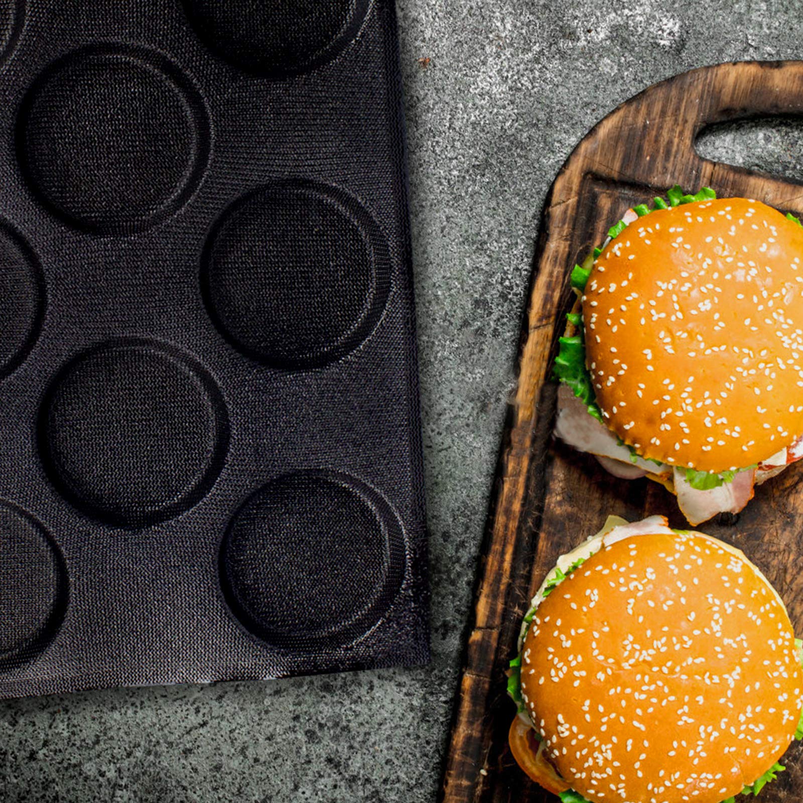Non-Stick Silicone Hamburger Bun Pan - 8 Cavity Round Perforated Bread Mold for Baking Hot Dogs, Buns & Pastries | Perfect for Home Bakeries, Restaurants & Commercial Kitchens