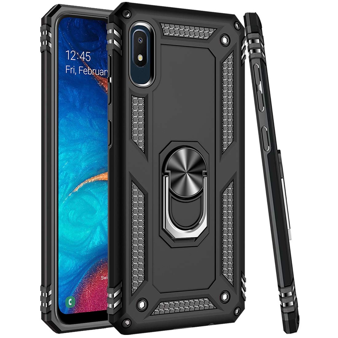 Military Grade Protective Phone Case for Samsung Galaxy A10E with Magnetic Car Mount & Kickstand - Shockproof Defender Cover (Black) | Perfect for Driving, Work & Outdoor Activities