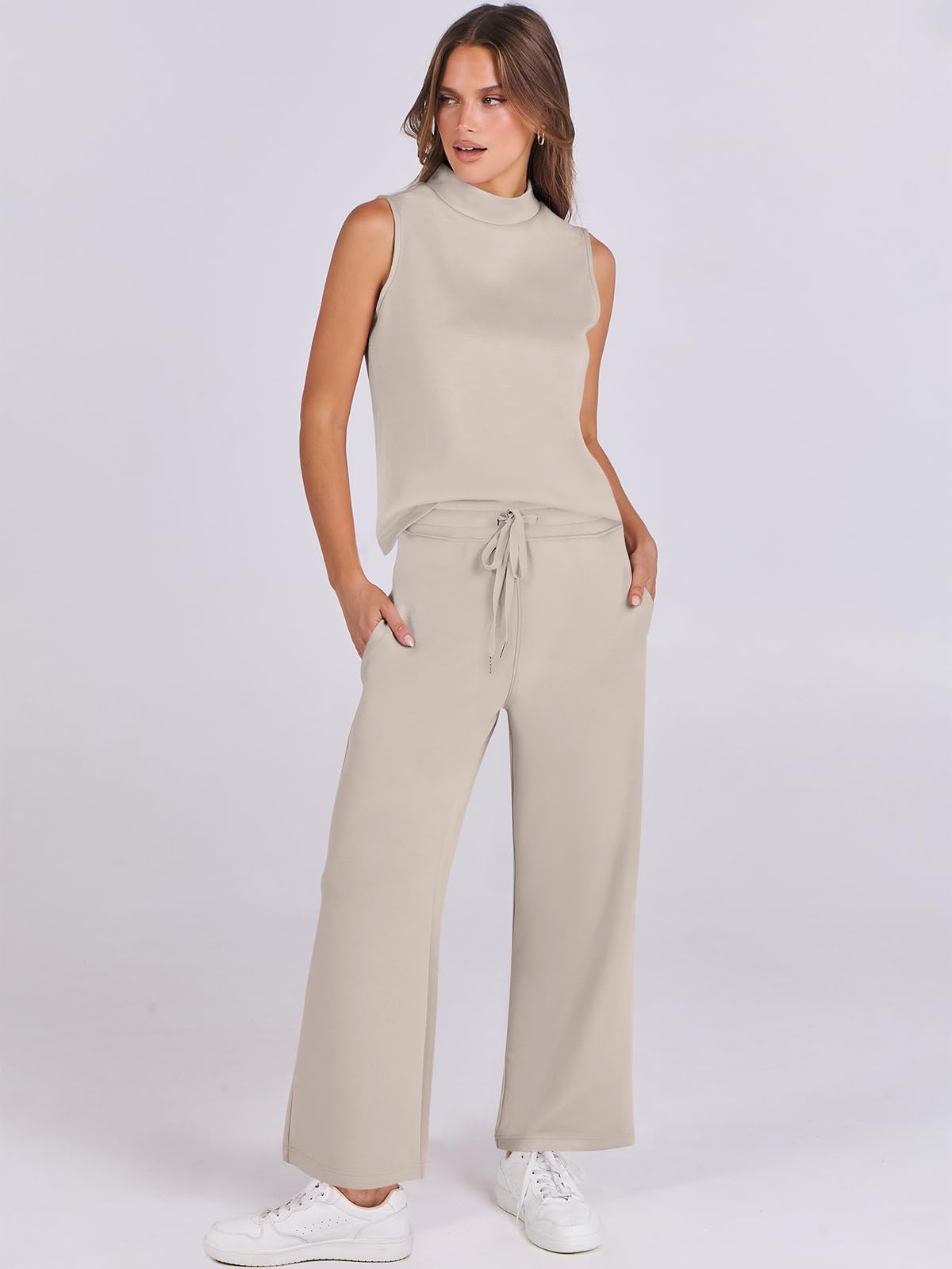 ANRABESS Women's 2-Piece Lounge Set - Summer Mock Neck Top & Wide Leg Pants Casual Outfit | Comfortable Travel Clothes & Home Wear | 2024 Fashion Tracksuit for Vacation, Yoga, and Relaxation