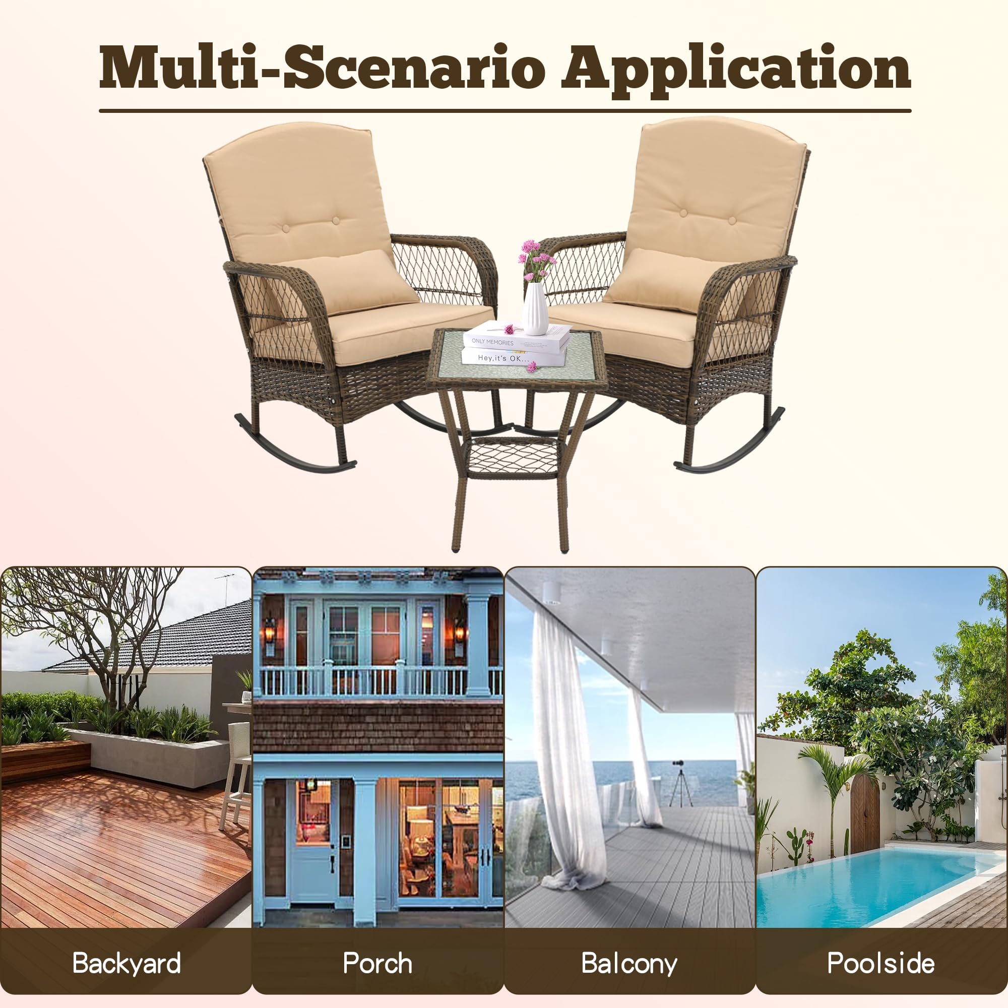 3-Piece Outdoor Wicker Rocking Chair Set with Cushions & Glass-Top Coffee Table - Rattan Patio Conversation Bistro Set for Porch, Backyard, Garden - Beige - Perfect for Relaxing, Entertaining & Outdoor Lounging