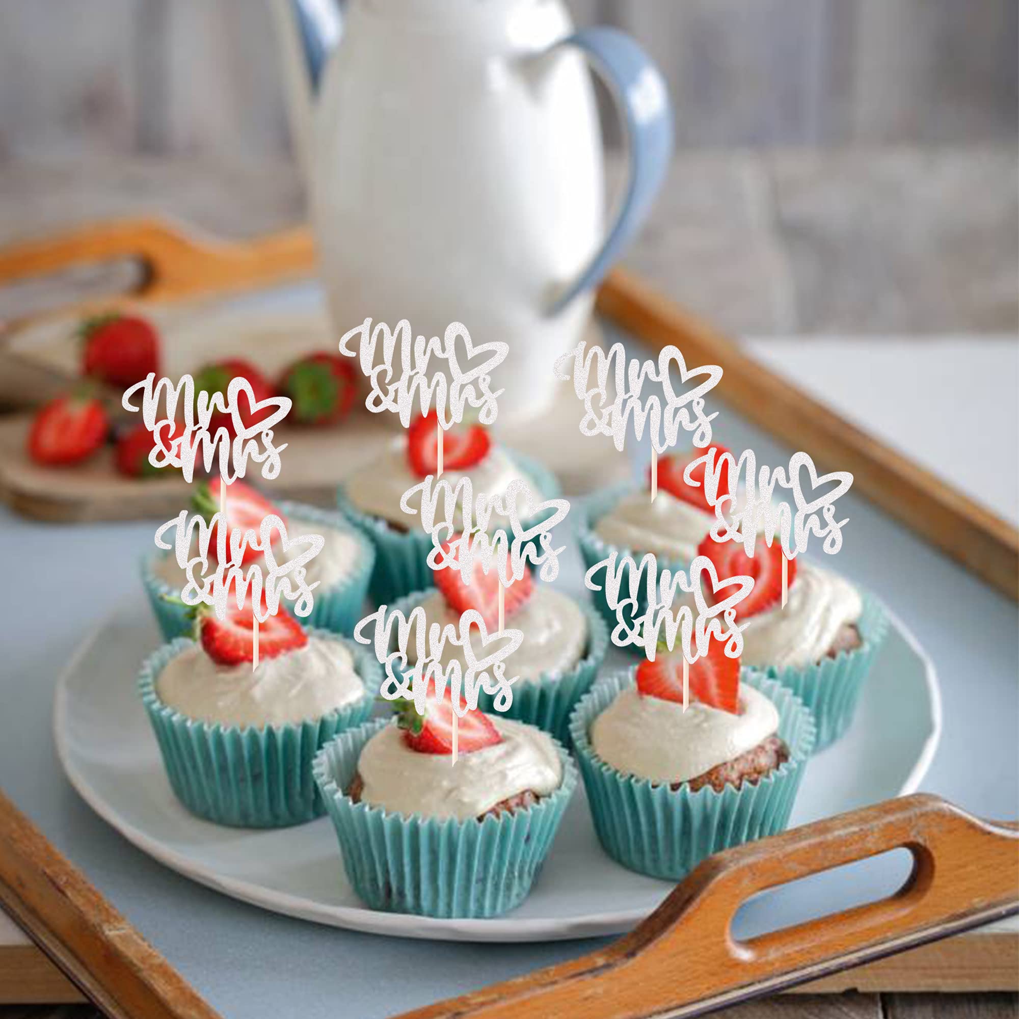 36 PCS Silver Mr & Mrs Cupcake Toppers with Love Heart - Wedding, Engagement, Bridal Shower, Birthday Party Cake Decorations Supplies - Perfect for Romantic Celebrations and Special Occasions