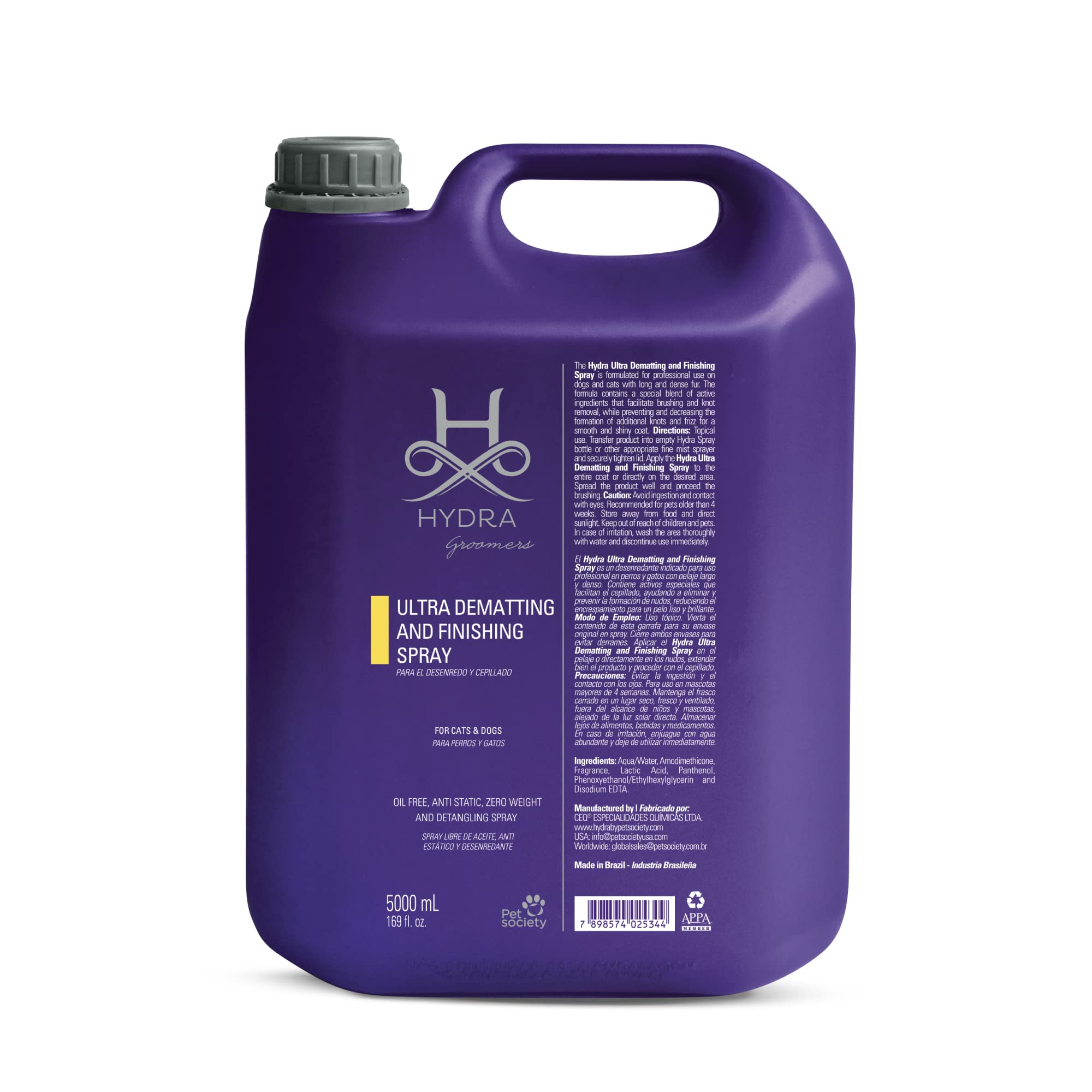 Hydra Professional Ultra Dematting & Finishing Spray for Dogs & Cats - 169 fl.oz Detangling Solution for Long Haired Pets | Grooming, Shedding Control & Coat Shine Enhancer for Home & Professional Use