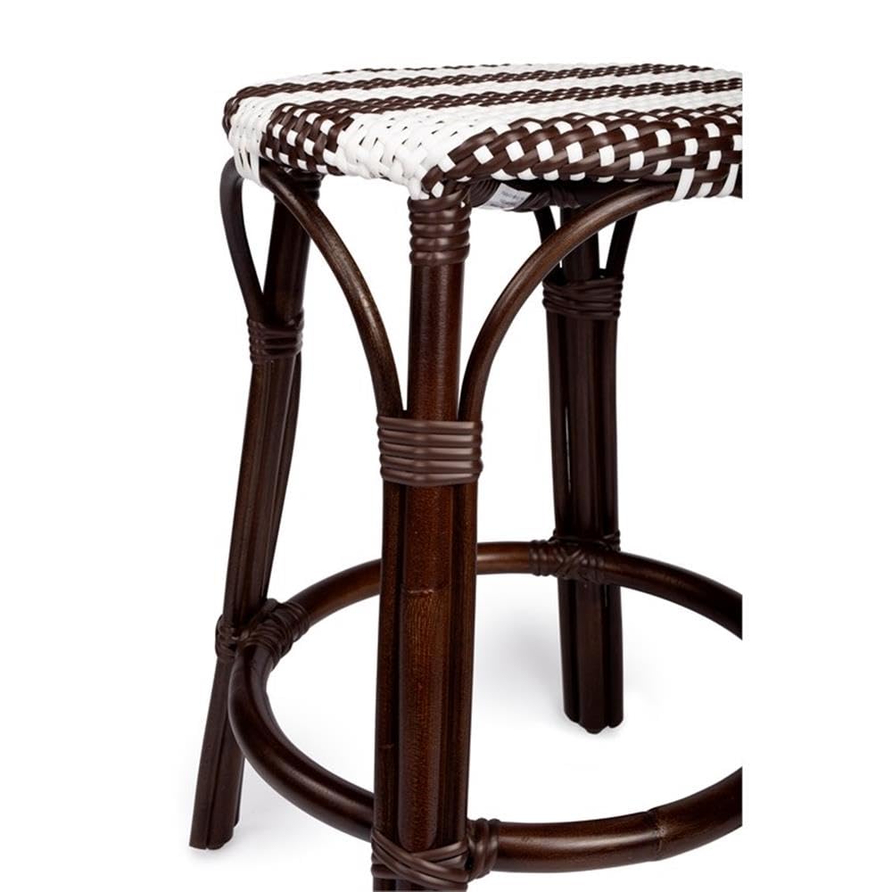 Dark Brown & White Rattan Counter Stool Set - 2 Piece Home Square Bar Stools for Kitchen Island, Breakfast Nook & Outdoor Patio Seating