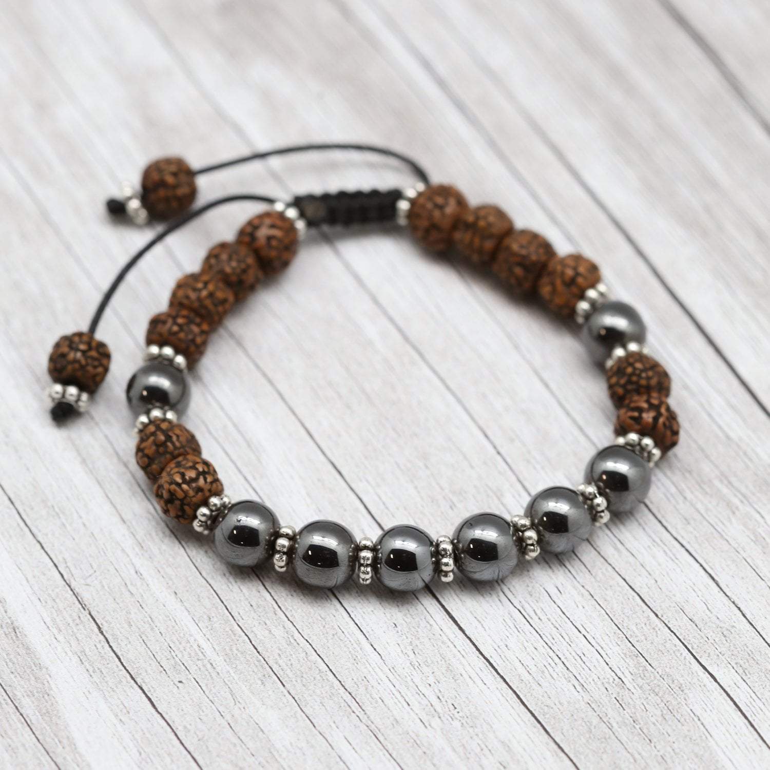 Authentic Hematite & Rudraksha Bead Mala Bracelet - Spiritual Meditation Yoga Accessory for Stress Relief & Positive Energy