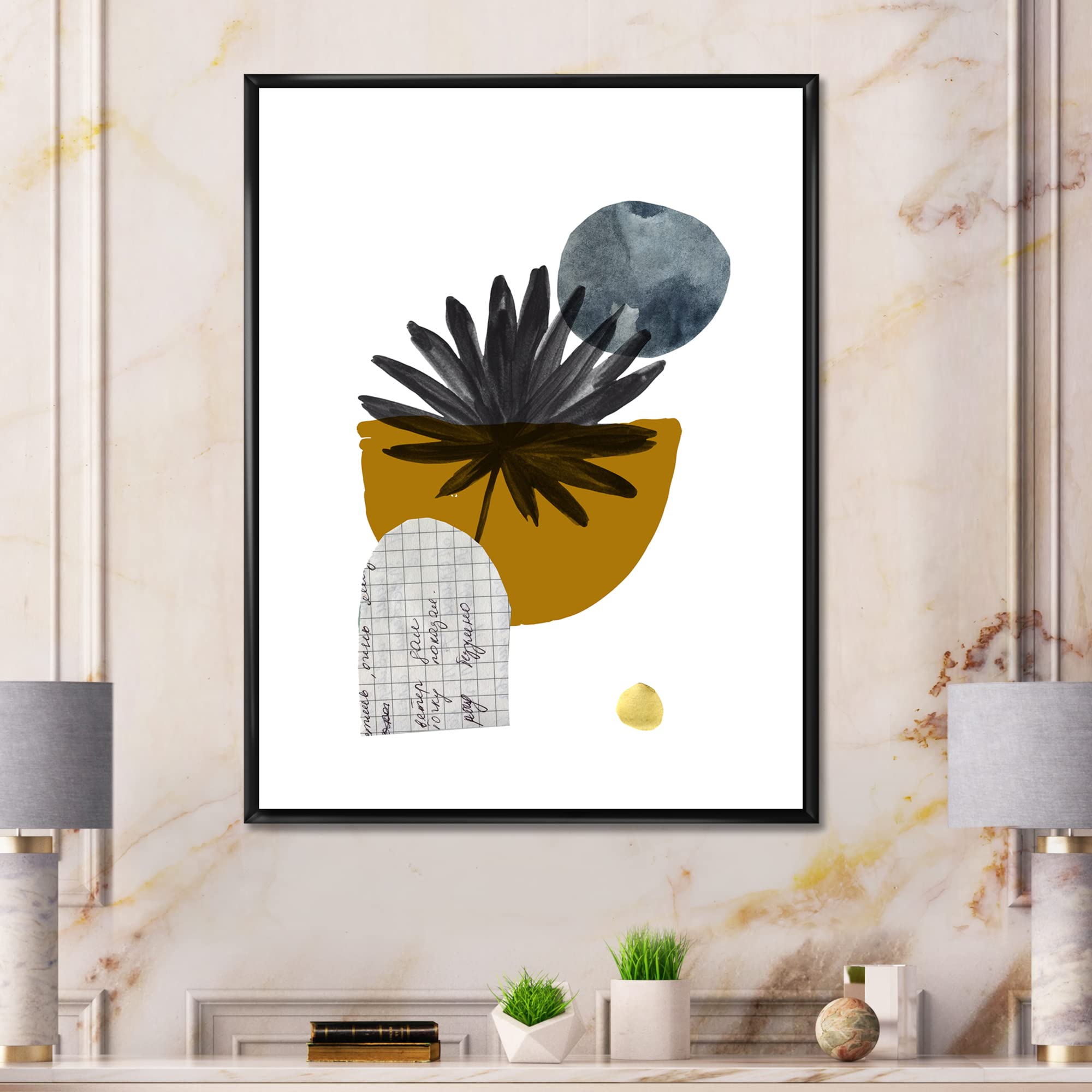 DesignQ Tropical Palm Leaf & Abstract Geometry Shapes I - Modern Framed Canvas Wall Art Print for Living Room, Bedroom & Office Decor