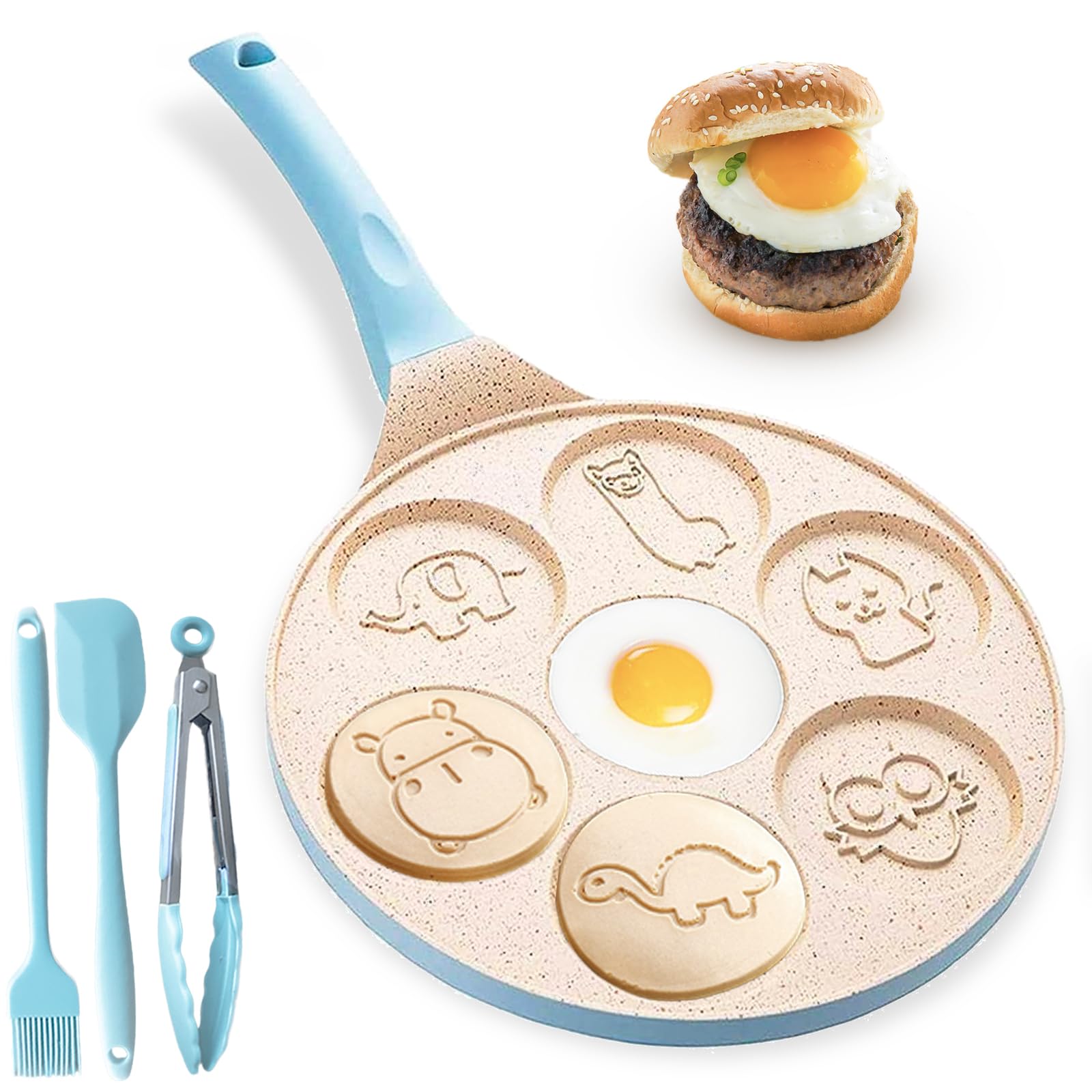 Nonstick Pancake Maker Pan - 7-Cup Animal Pancake Mold for Kids with Silicone Spatula, Tongs & Oil Brush - Perfect for Breakfast, Brunch & Family Cooking Fun