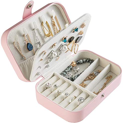 Best Portable Travel Jewelry Box - 2-Layer Leather Jewelry Organizer for Women | Ring, Necklace & Earring Storage Case | Perfect Gift for Her, Birthday, Anniversary | Compact Display Case for Travel, Home & Office Use (Pink)