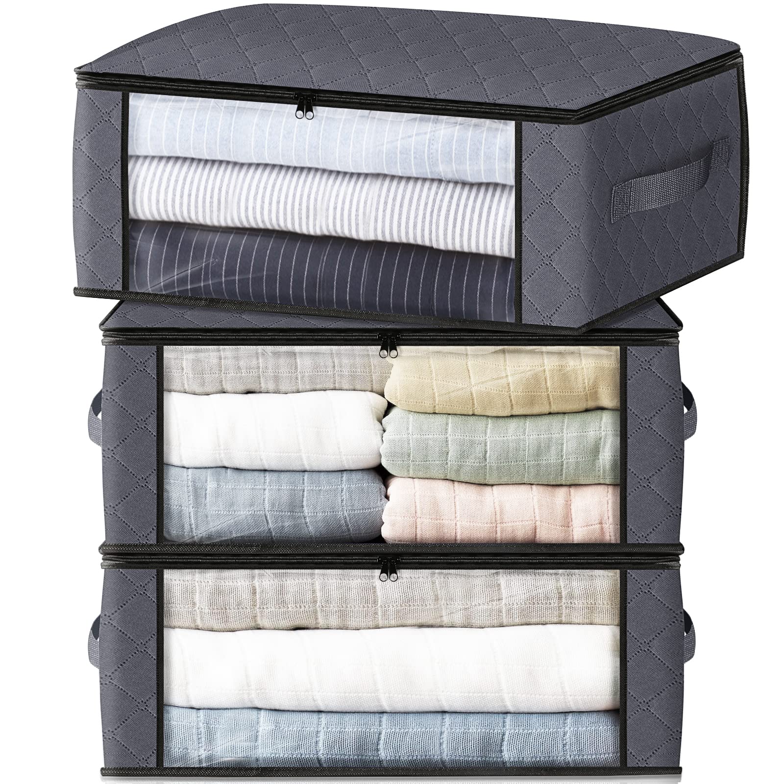 HomeHacks 3-Pack Foldable Storage Bags with Clear Window & Sturdy Handles - 35L Gray Clothes Organizer for Closet, Dorm, Bedding & Blankets | Space-Saving Solution for Seasonal Storage & Travel Packing
