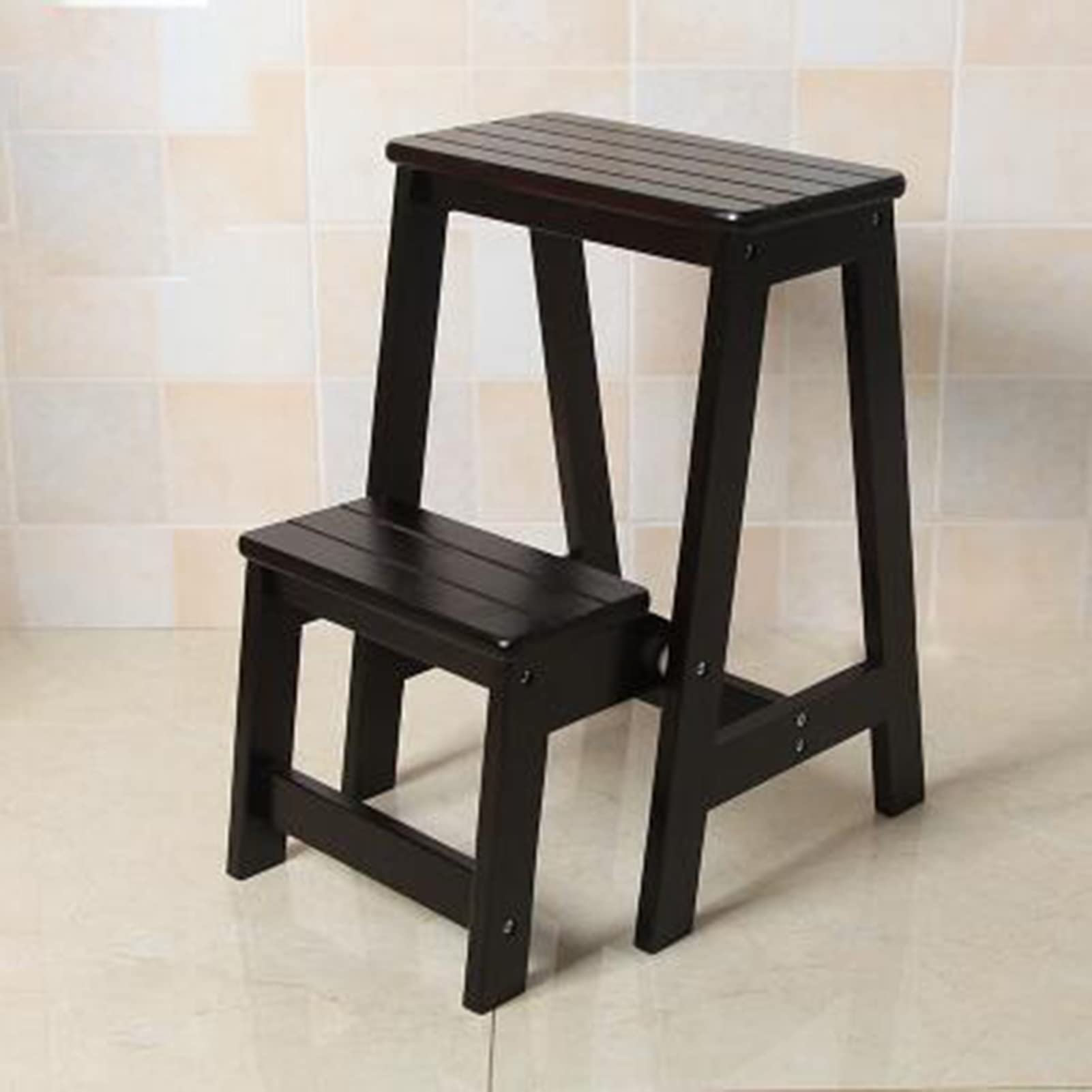 2 Step Wooden Folding Ladder Stool - Portable Non-Slip Step Stool for Kitchen, Bathroom, Shoe Bench & Flower Stand - Home Safety Step Ladder with Anti-Slip Design for Counter, Shelf & Daily Use