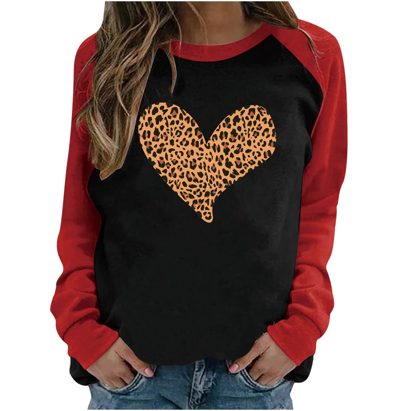 Valentine's Day Sweatshirts for Women - Cute Patchwork Love Print Long Sleeve Crewneck Sweater Top | Casual Fashion Blouse for Date Night, Gift Giving & Winter Outfits