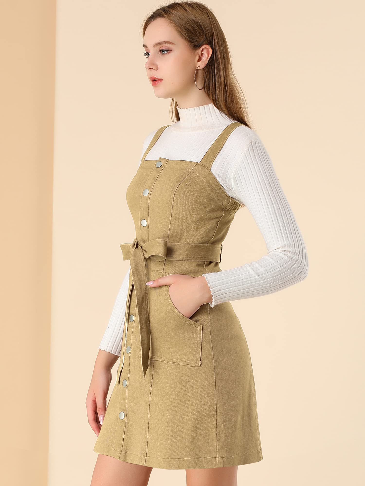 Allegra K Women's Classic Denim Pinafore Dress with Adjustable Straps - Vintage Overalls Style Jean Dress for Casual Outings, Brunch Dates & Spring Fashion