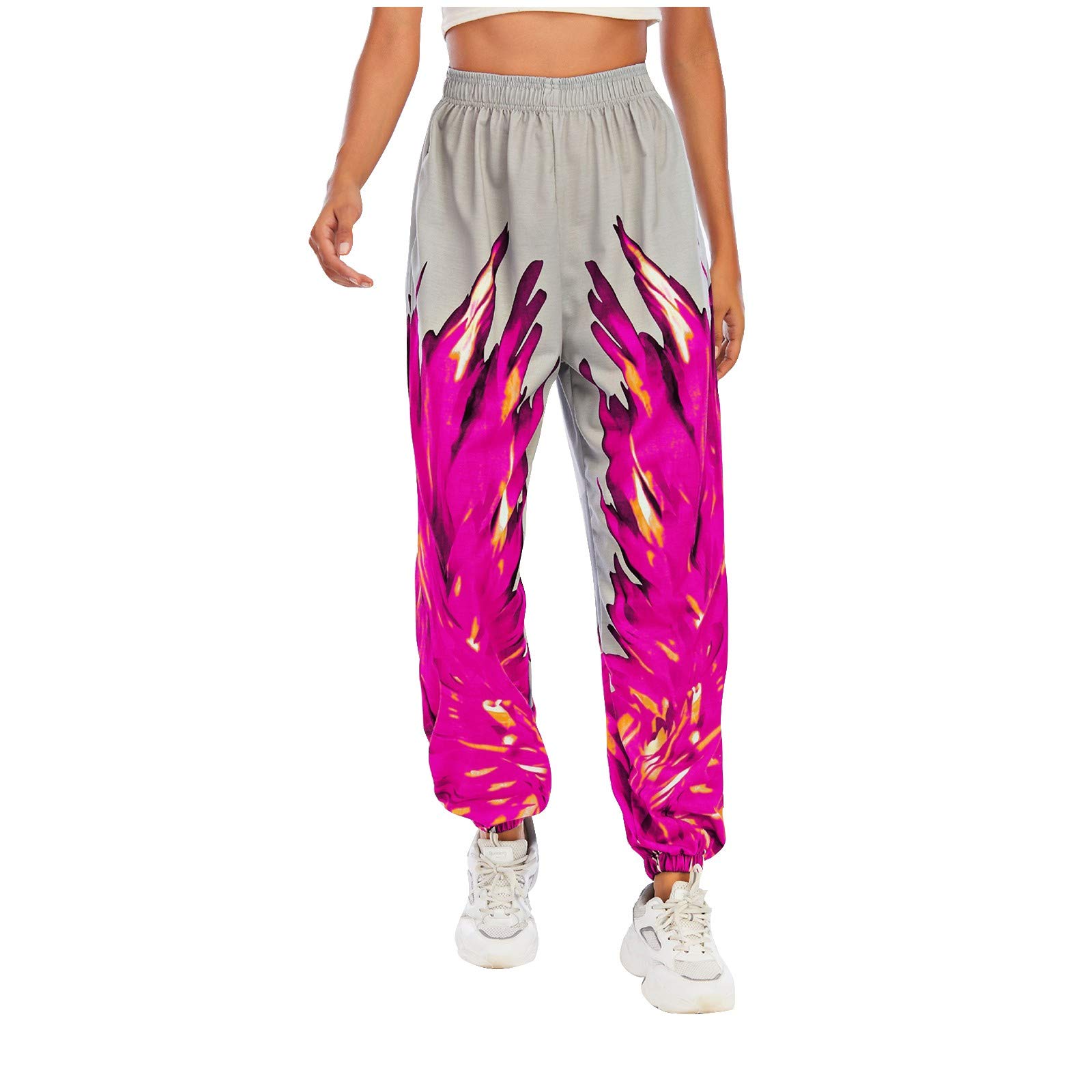Women's Stretchy Elastic Waist Flame Print Jogger Pants - Plus Size Baggy Lounge Sweatpants for Casual Wear & Workout - Hot Pink (Perfect for Yoga, Running, Gym & Home Relaxation)