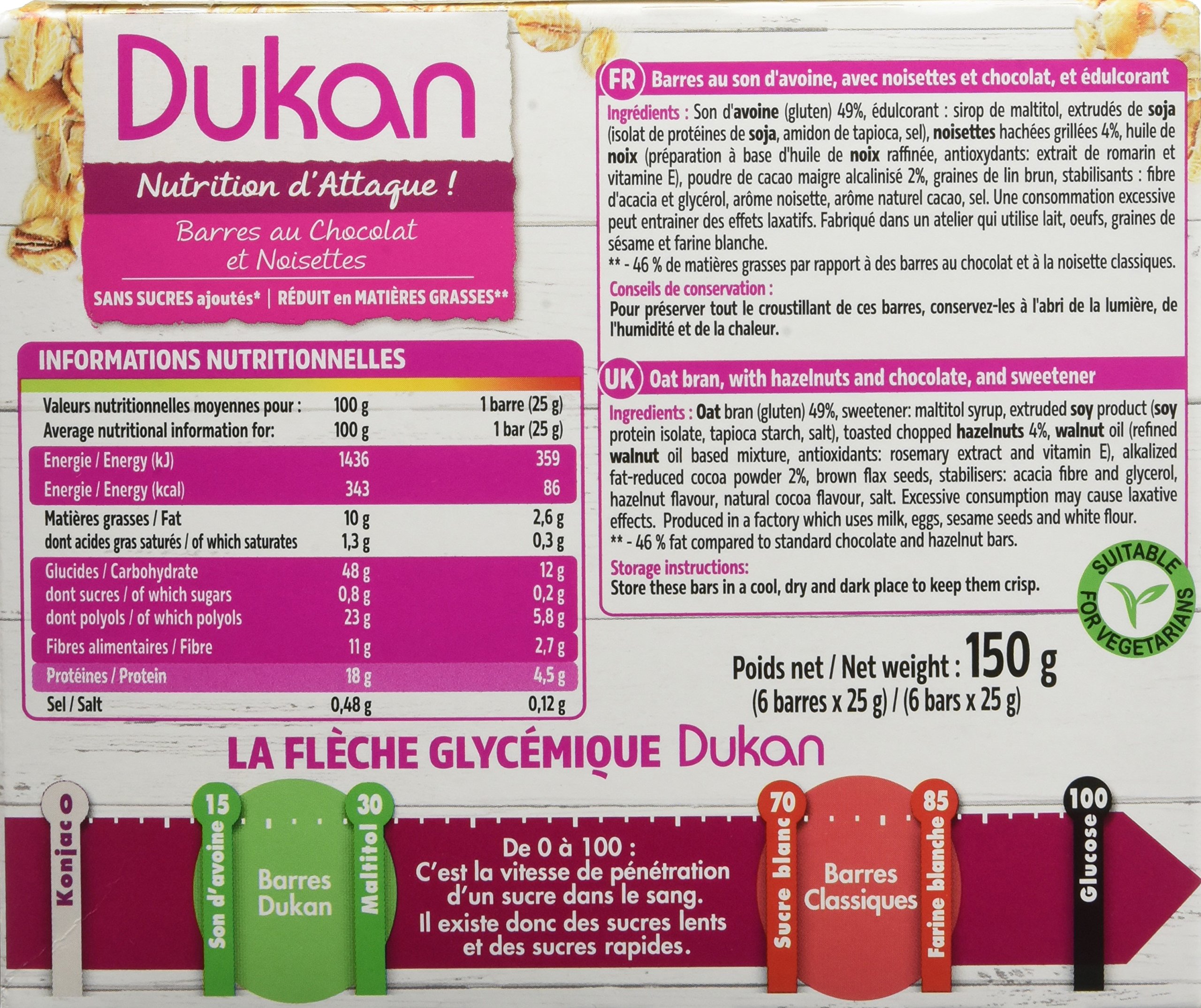 Dukan Chocolate Hazelnut Oat Bran Bars 150g - Low Carb High Protein Snack Bars for Weight Loss, Keto & Paleo Diet - Perfect for Breakfast, Office Snacks & On-the-Go Energy