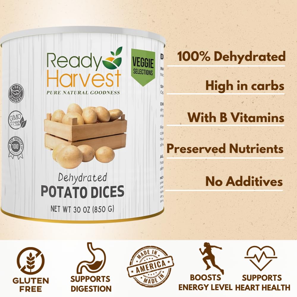 Ready Harvest Dehydrated Potato Dices - 10 Can Pack | Long Shelf Life (25 Years) | Emergency Food Supply, Camping & Survival Essentials | Perfect for Outdoor Adventures, Prepping & Food Storage