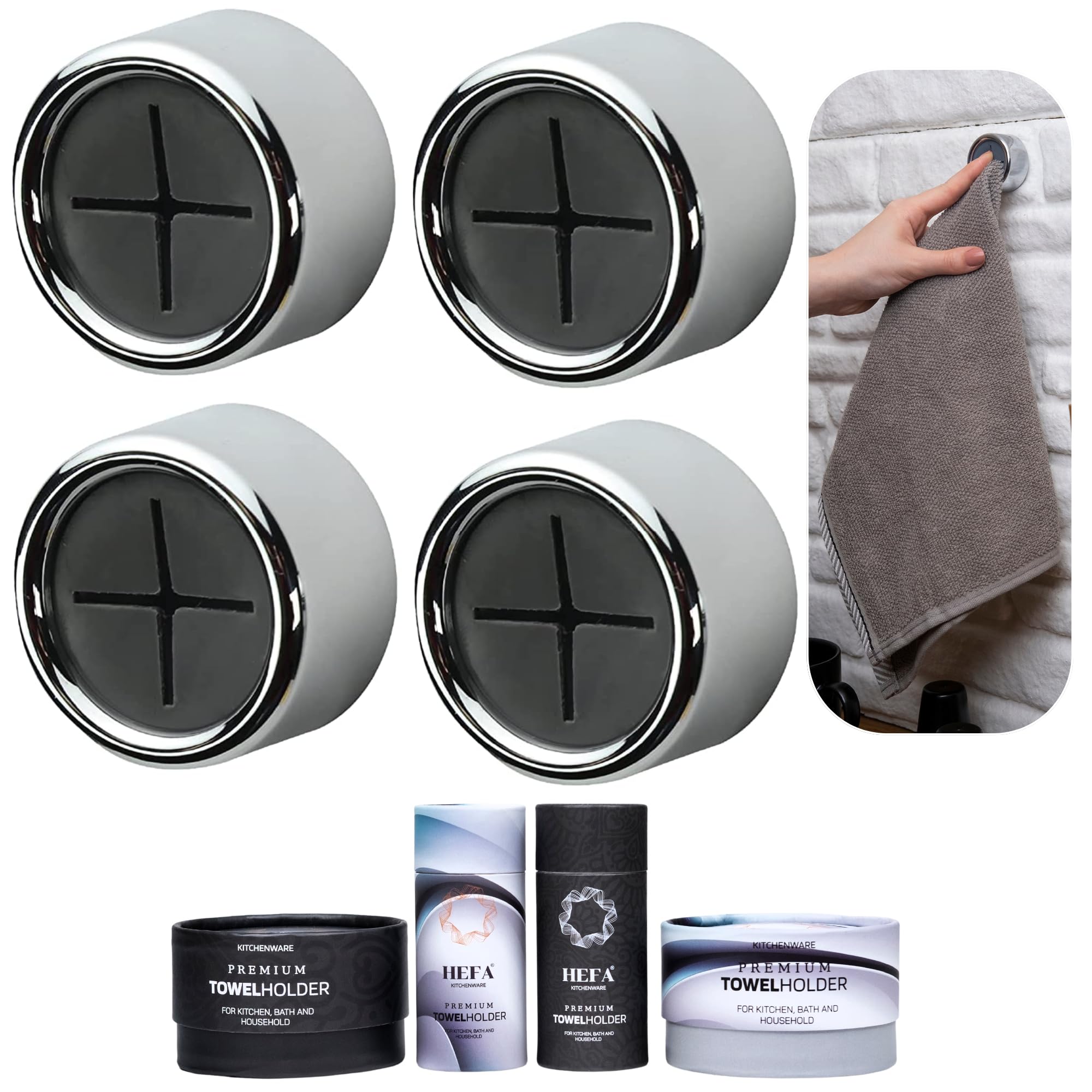 HEFA 4-Pack Stainless Steel Towel Hooks - Heavy Duty Kitchen & Bathroom Towel Holder for Dish Towels, Hand Towels - Space Saving Organization Essentials for Home, RV, Dorm (Brushed Nickel)