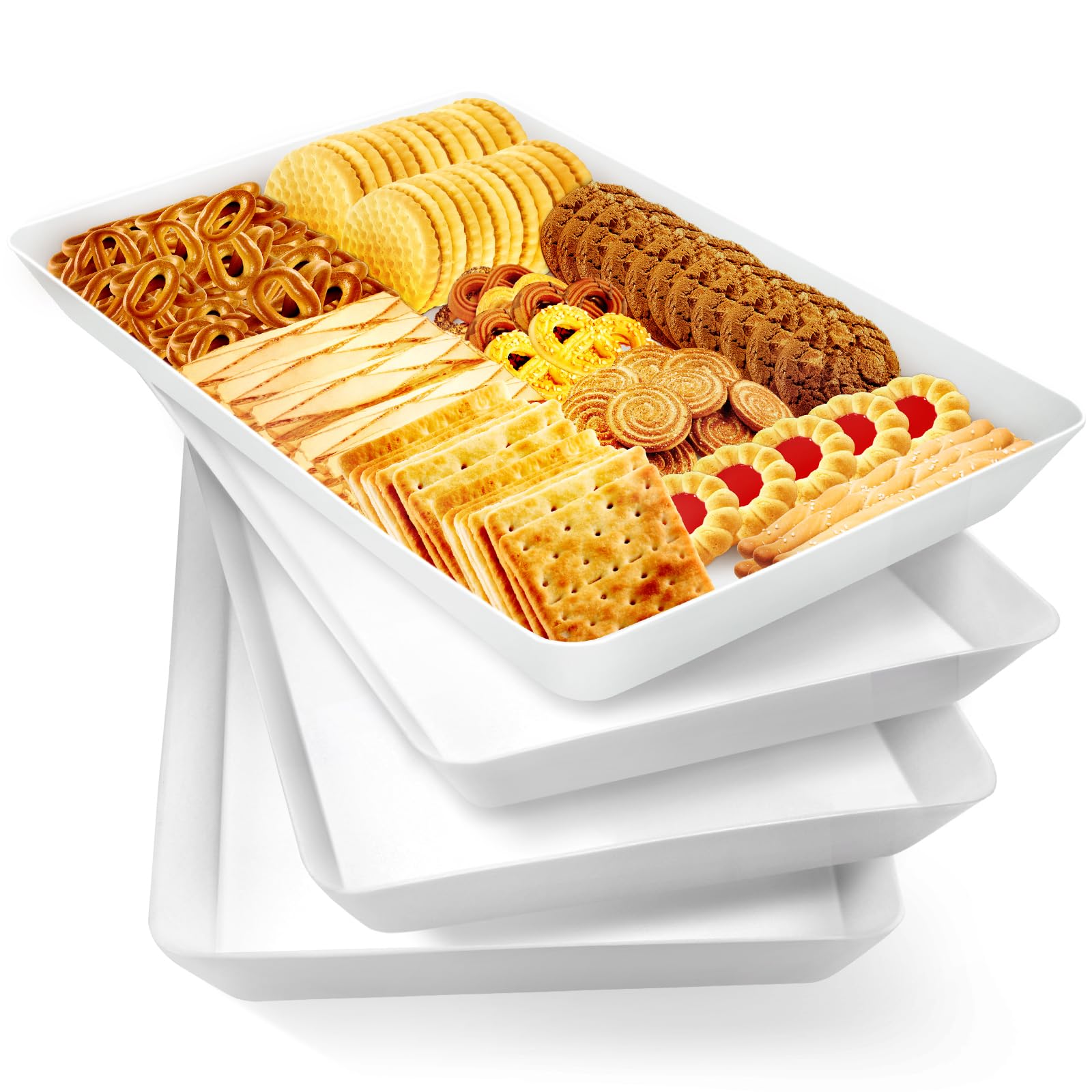 WOWBOX 4-Piece Plastic Serving Tray Set - Reusable Party Platters for Snacks, Fruits, Cookies & Desserts | Perfect for Kitchen Pantry Organization, Entertaining Guests & Home Parties | Durable Food Serving Trays for Indoor & Outdoor Use