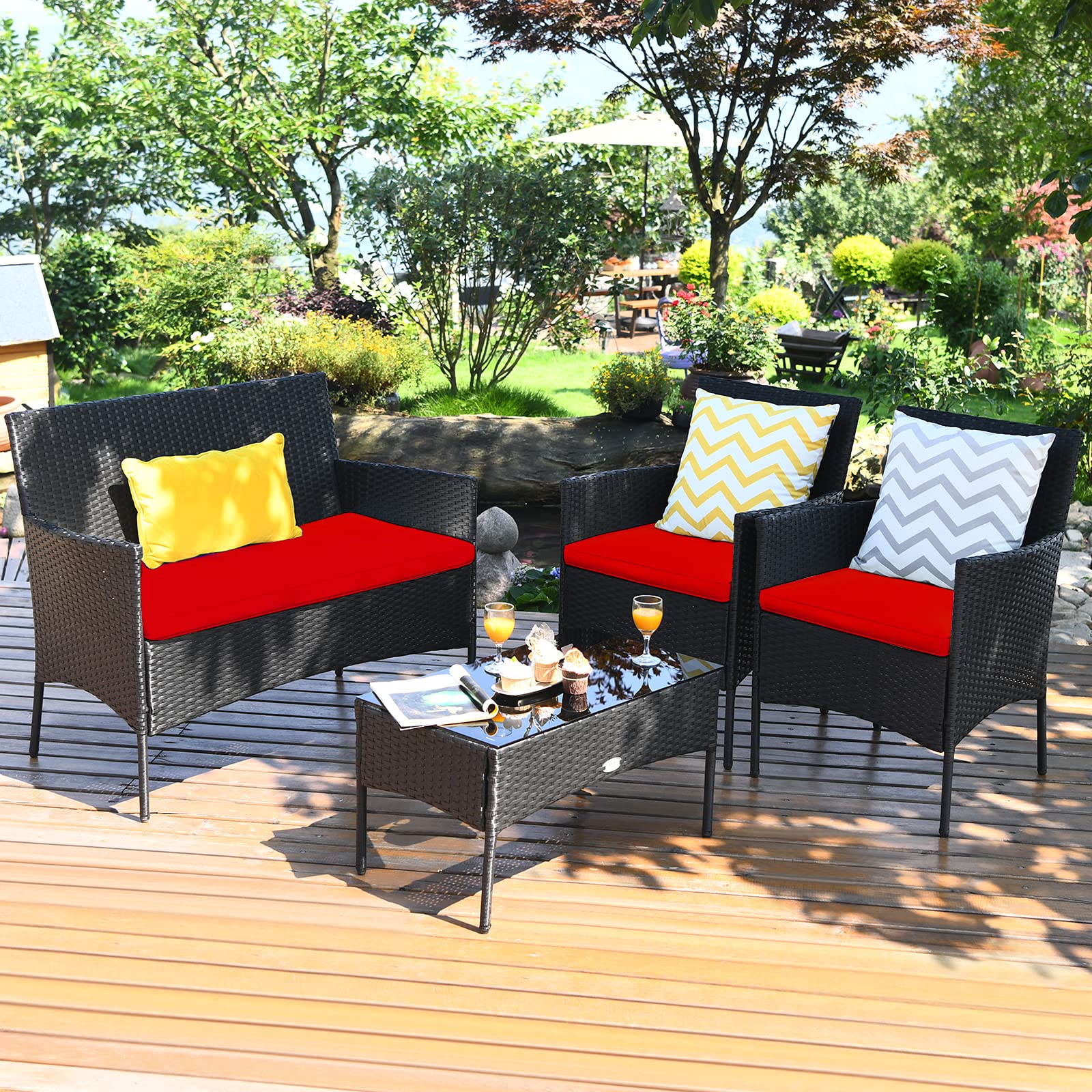 Tangkula 4-Piece Outdoor Patio Furniture Set - Wicker Rattan Loveseat & Chairs with Cushions & Tempered Glass Coffee Table - Durable Conversation Set for Backyard, Garden, Poolside, Porch & Deck (Red)