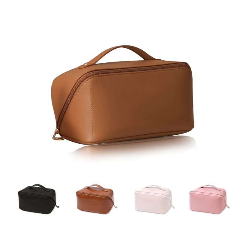 Large Capacity Water-Resistant Leather Makeup Bag - Double Layer Travel Cosmetic Organizer for Women | Perfect for Airplane Carry-On, Gym Essentials & Toiletry Storage