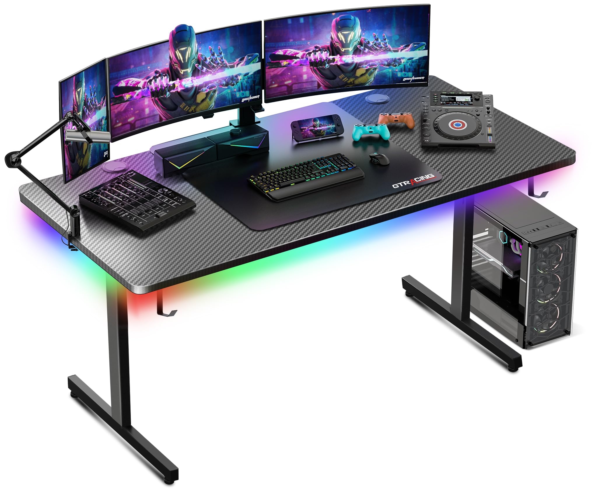 GTRACING 55 Inch Gaming Desk with LED Lights - Large Computer Desk with Mouse Pad, Carbon Fiber Surface, Headphone Hook - Perfect for Home Office & PC Gaming Workstations (Black)