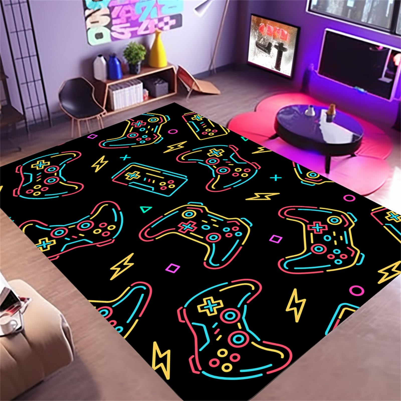 3'x5' Non-Slip Neon Gaming Rug for Boys Room - 3D Printed Gamer Carpet for Bedroom, Living Room & Game Room Decor - Perfect for Esports Setup, Streamer Background & Teen Gaming Space