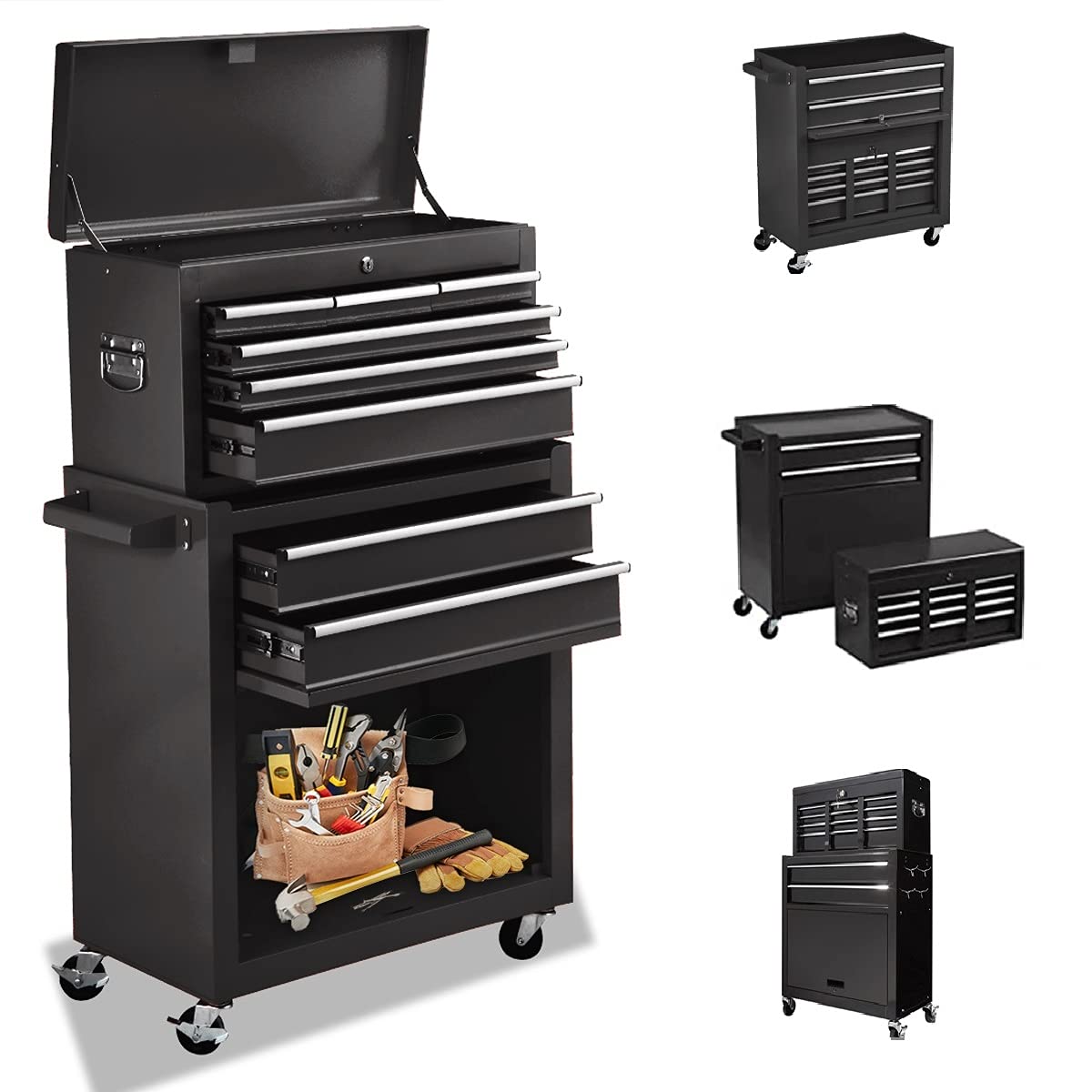 8-Drawer Heavy-Duty Rolling Tool Chest with Lockable Drawers - High Capacity Mobile Tool Storage Cabinet for Garage, Workshop & Warehouse - Black Tool Box for Professional Mechanics & DIY Projects
