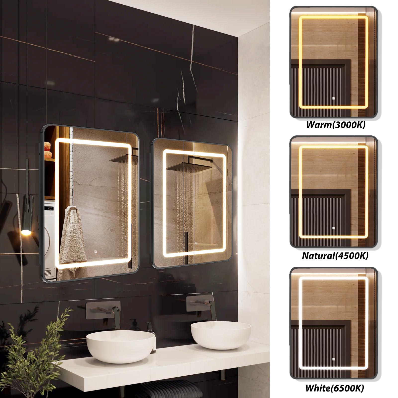 APRILSOUL 20x30 Inch Black Recessed/Surface Mount Bathroom Medicine Cabinet with LED Mirror - 3 Color Temperature Adjustable & Dimmable Lighting for Modern Homes, Vanity & Makeup Area