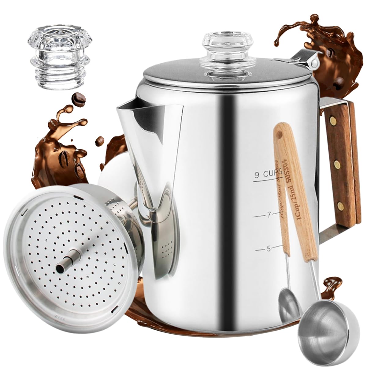 3PCS 9 Cups Camping Coffee Pot Set - Stainless Steel Stove Top Coffee Maker with Heat Resistant Glass Knob & 25ml Coffee Spoon - Durable for Outdoor Brewing, Hiking, Camping & RV Trips