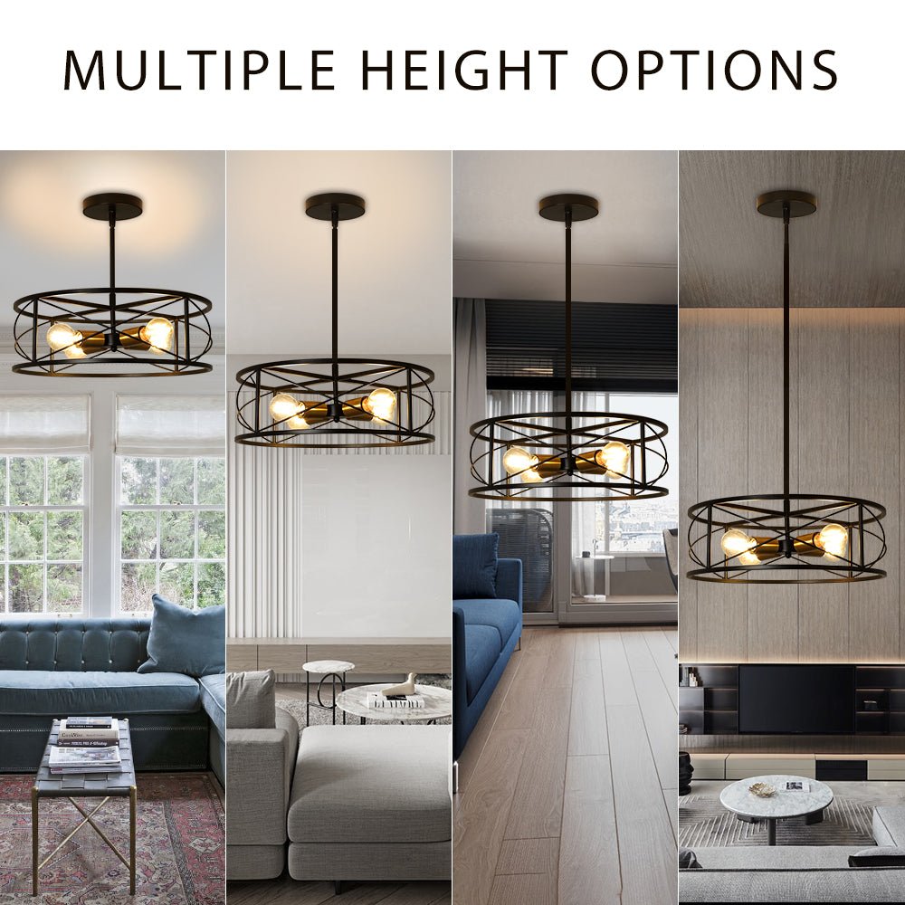 DLLT 4-Light Black Round Pendant Lighting Fixture - 18 Inch Industrial Metal Drum Cage Chandelier - Farmhouse Hanging Light for Dining Room Kitchen Living Room Bedroom Hallway - Perfect for Rustic Home Decor & Modern Interior Design