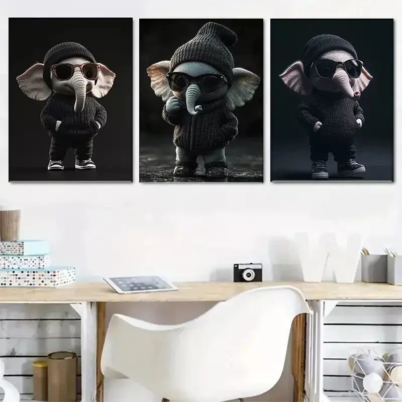 3-Piece Cool Elephant Wall Art Set with Knitted Hat & Sunglasses - Framed Canvas 40x60cm - High Quality Print - 100% Australian Made - Ready to Hang - Perfect for Nursery, Kids Room & Modern Home Decor