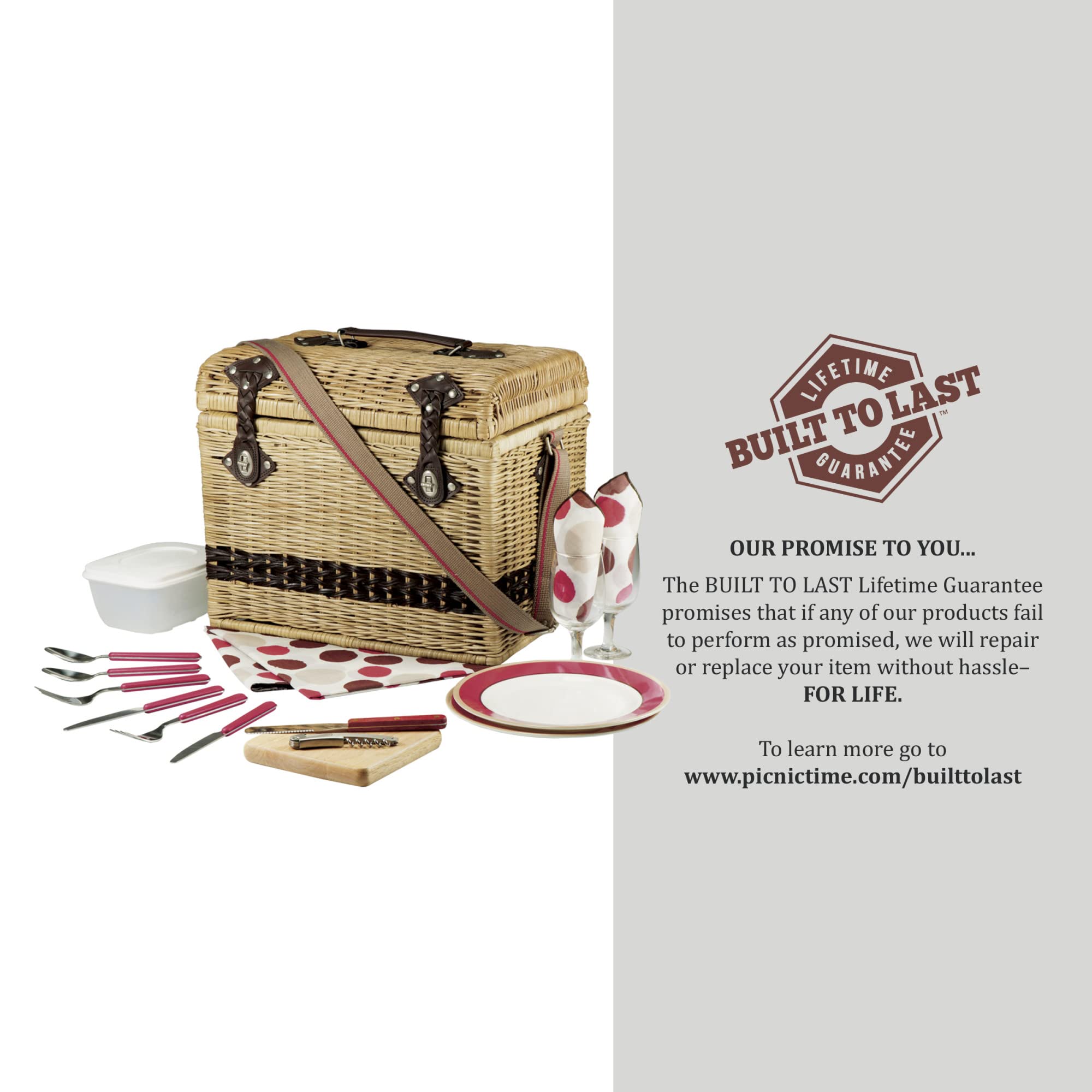 PICNIC TIME Yellowstone Picnic Basket - Moka Collection Brown with Beige & Red Accents | Perfect for Outdoor Picnics, Camping & Romantic Dates | Durable & Stylish Picnic Basket for 2-4 People