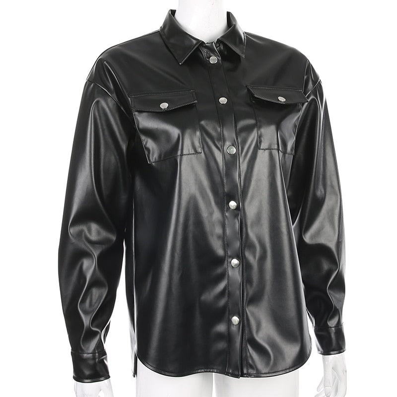 Stylish Black Faux Leather Streetwear Jacket for Women - Button-Down Collar Design | Perfect for Urban Fashion & Night Out