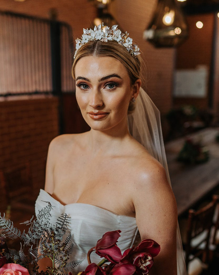 Elegant Bridal Hair Comb - Porcelain Floral & Rose Gold Leaf Design | Zaria by Johnny B Collection at Kezani | Perfect for Weddings, Prom & Special Occasions