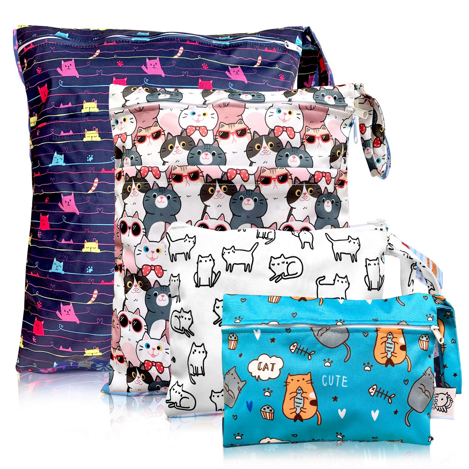 **4 Pack Waterproof Reusable Wet Bags – Diaper, Swimwear & Toiletries Organizer for Travel, Gym, Yoga & Stroller – Small, Medium, Large Sizes (Ideal for Baby, Pets & Sports)**