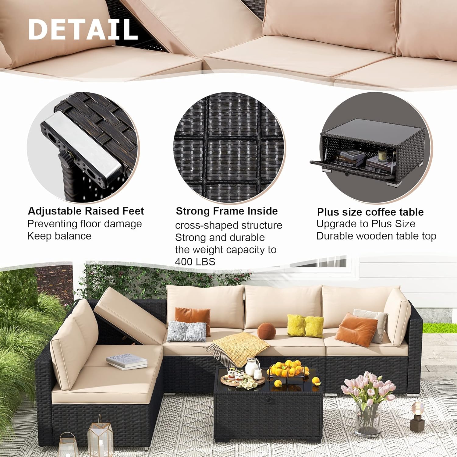 EROMMY 7-Piece Outdoor Patio Furniture Set with Storage Table, Weather-Resistant Cushions & Throw Pillows in Khaki - Perfect for Backyard, Garden, Poolside or Balcony Relaxation