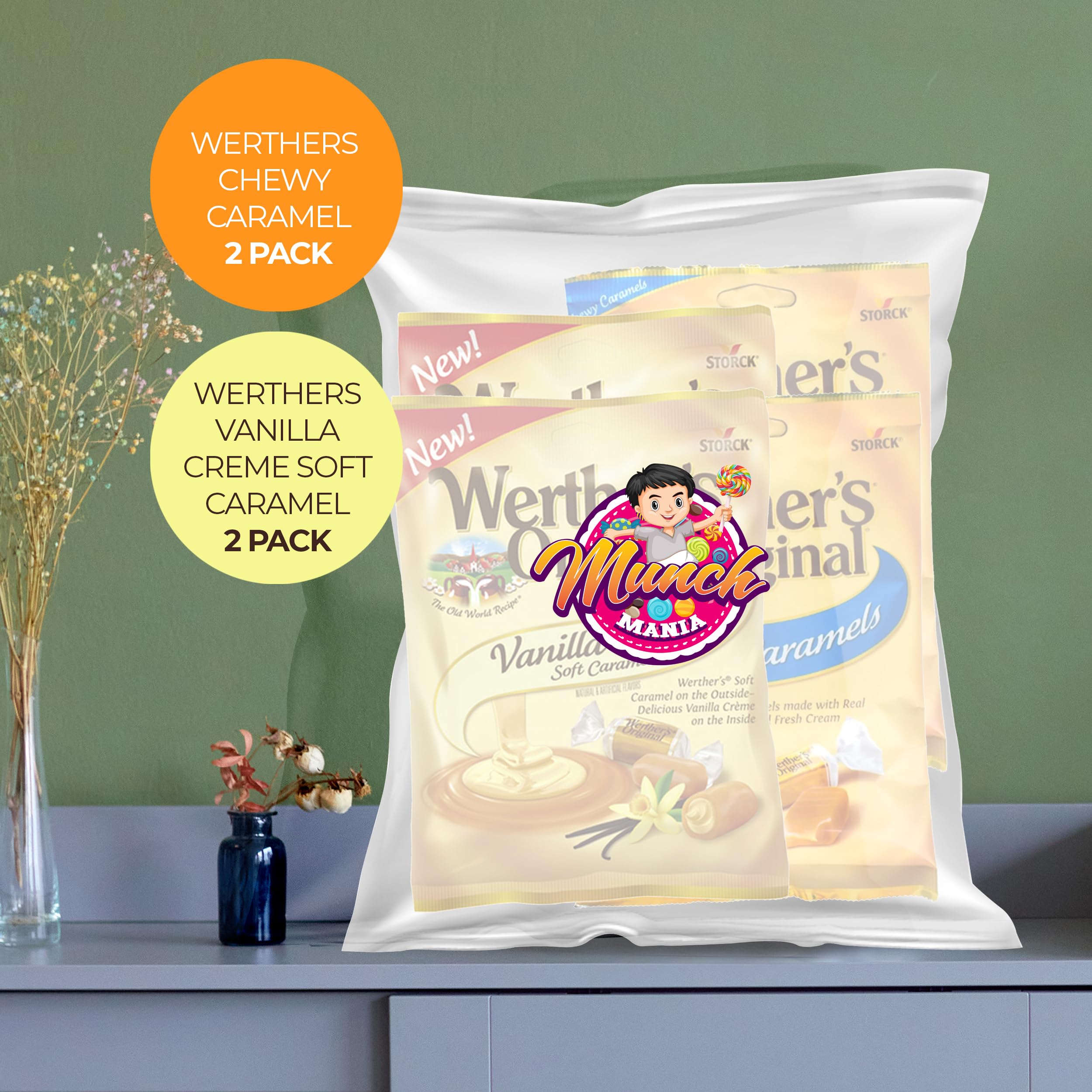 Werthers Original Vanilla Creme Soft Caramels & Chewy Caramel Candy - 4-Pack (2 of Each) - Individually Wrapped Caramel Creams, Soft Chews Candy - Perfect for Office Snacks, Party Favors & Gift Baskets