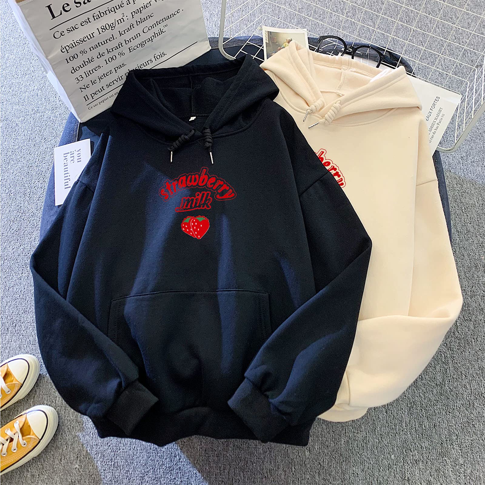 Cute Strawberry Milk Hoodie for Women - Korean Harajuku Style Cotton Loose Long Sleeve Kawaii Sweatshirt with Pockets | Casual Streetwear, Anime Cosplay, Kawaii Fashion Outfit
