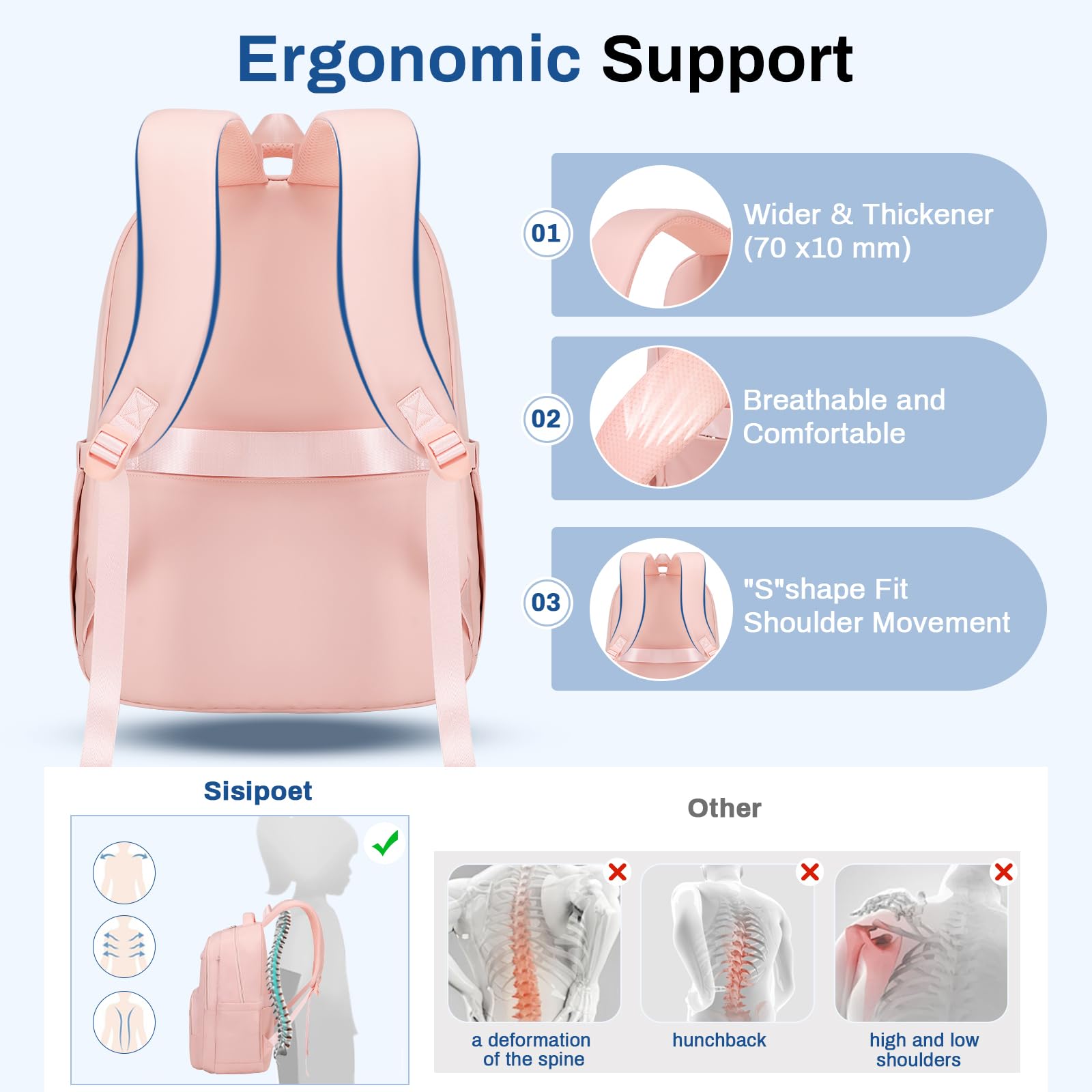 Lightweight Girls School Backpack for Teens - Pink Bookbag with Luggage Strap for College & Travel (Ages 8-18) | Perfect for School, Commuting & Weekend Getaways