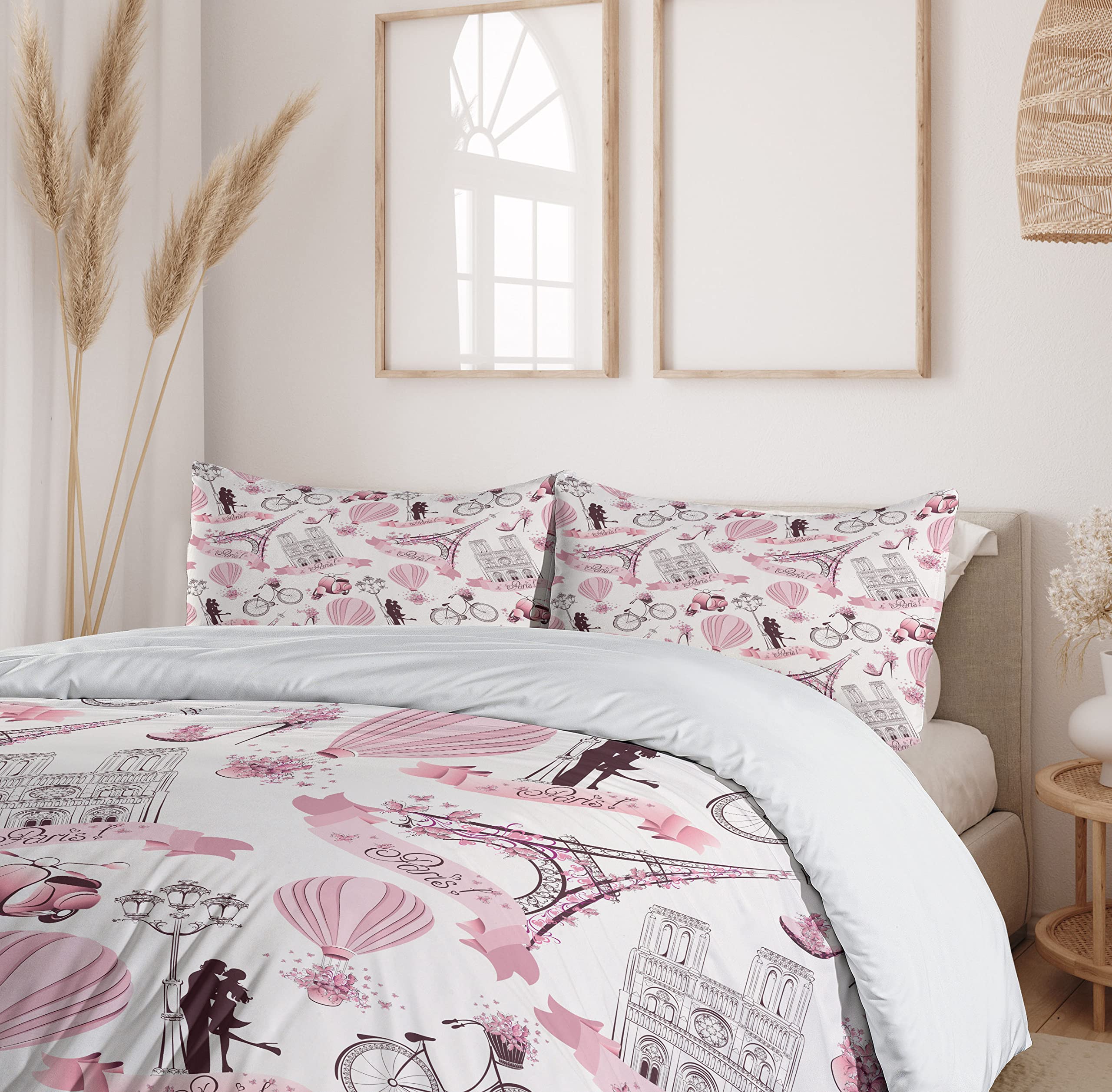 Ambesonne Paris Themed Duvet Cover Set - Eiffel Tower, Hot Air Balloon & Romantic Flowers Design, 3-Piece California King Bedding with 2 Pillow Shams in Pale Pink & White | Perfect for Honeymoon Decor, Travel Enthusiasts & French-Themed Bedrooms