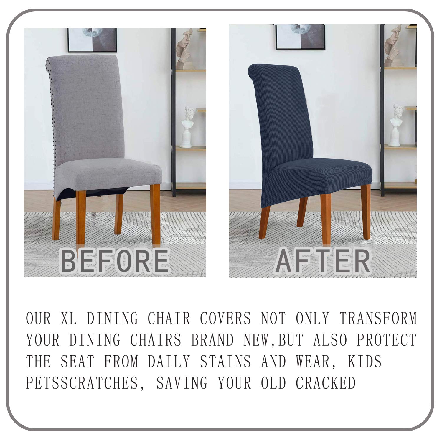 Deisy Dee Stretch XL Oversized Soft Spandex Dining Chair Covers - Washable Slipcovers for Kitchen & Dining Room (Navy, 4 Pack) - Perfect for Home, Restaurant, and Office Use