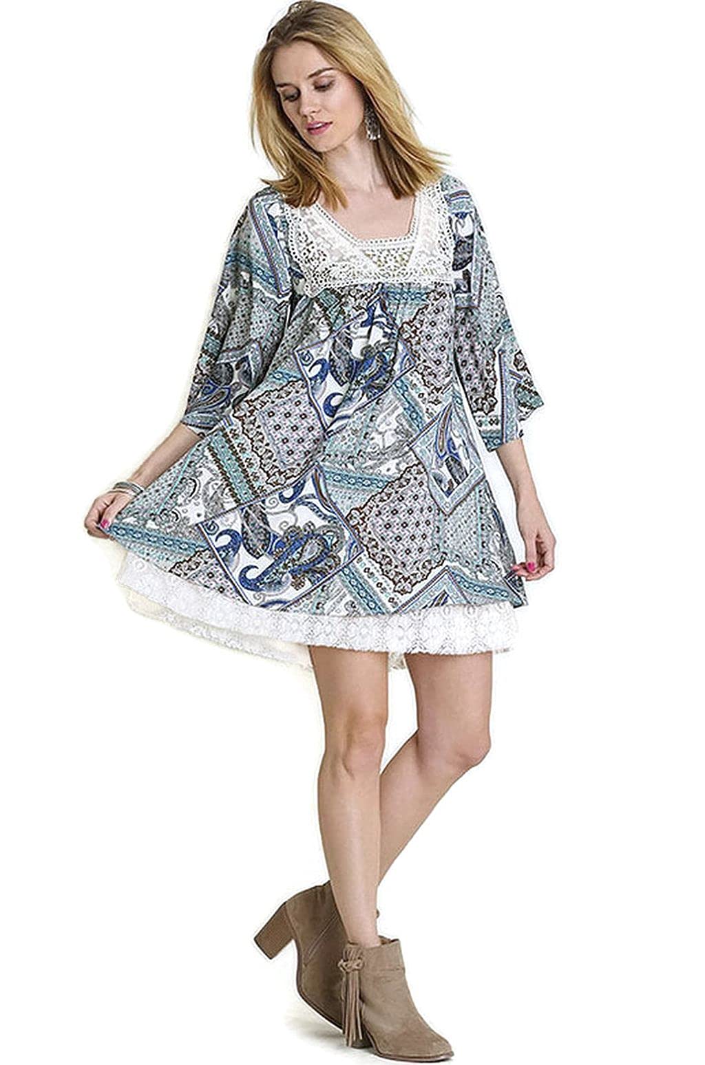 Umgee Paisley & Lace Cross Back Mini Dress - Floral Print Summer Dress for Women, Boho Chic Style, Perfect for Beach Vacations, Date Nights & Outdoor Parties
