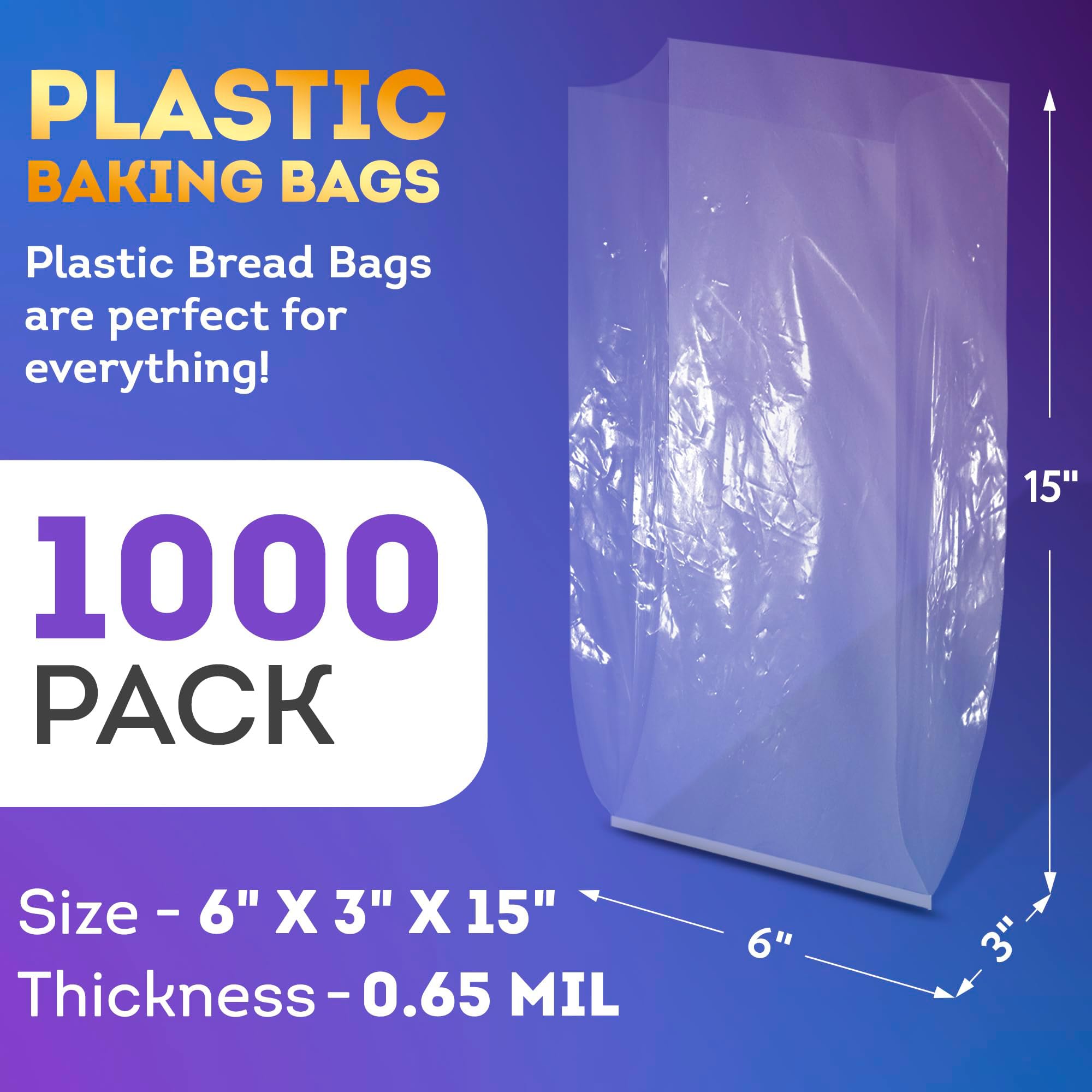 APQ Clear Plastic Bread Bags for Homemade Bread - 6x3x15 Inch 1000 Pack | 0.65 Mil Thick Gusseted Polyethylene Bags | Water-Resistant Food Storage | Perfect for Bakery, Sandwich Storage & Freezer Use