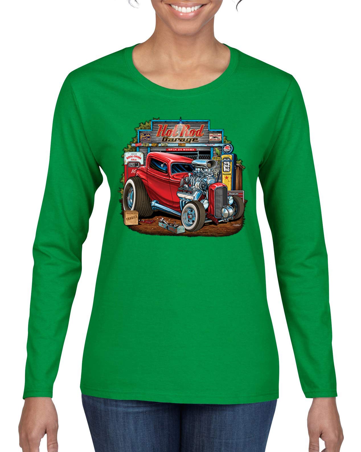 Vintage Hot Rod Old Garage Cars and Trucks Women's Graphic Long Sleeve T-Shirt - Retro Automotive Tee for Casual Wear, Car Enthusiasts & Vintage Lovers