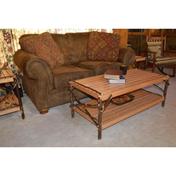 Solid Hickory Wood Coffee Table with Storage Shelf - Rustic Farmhouse Living Room Furniture for Home Decor & Entertainment Areas