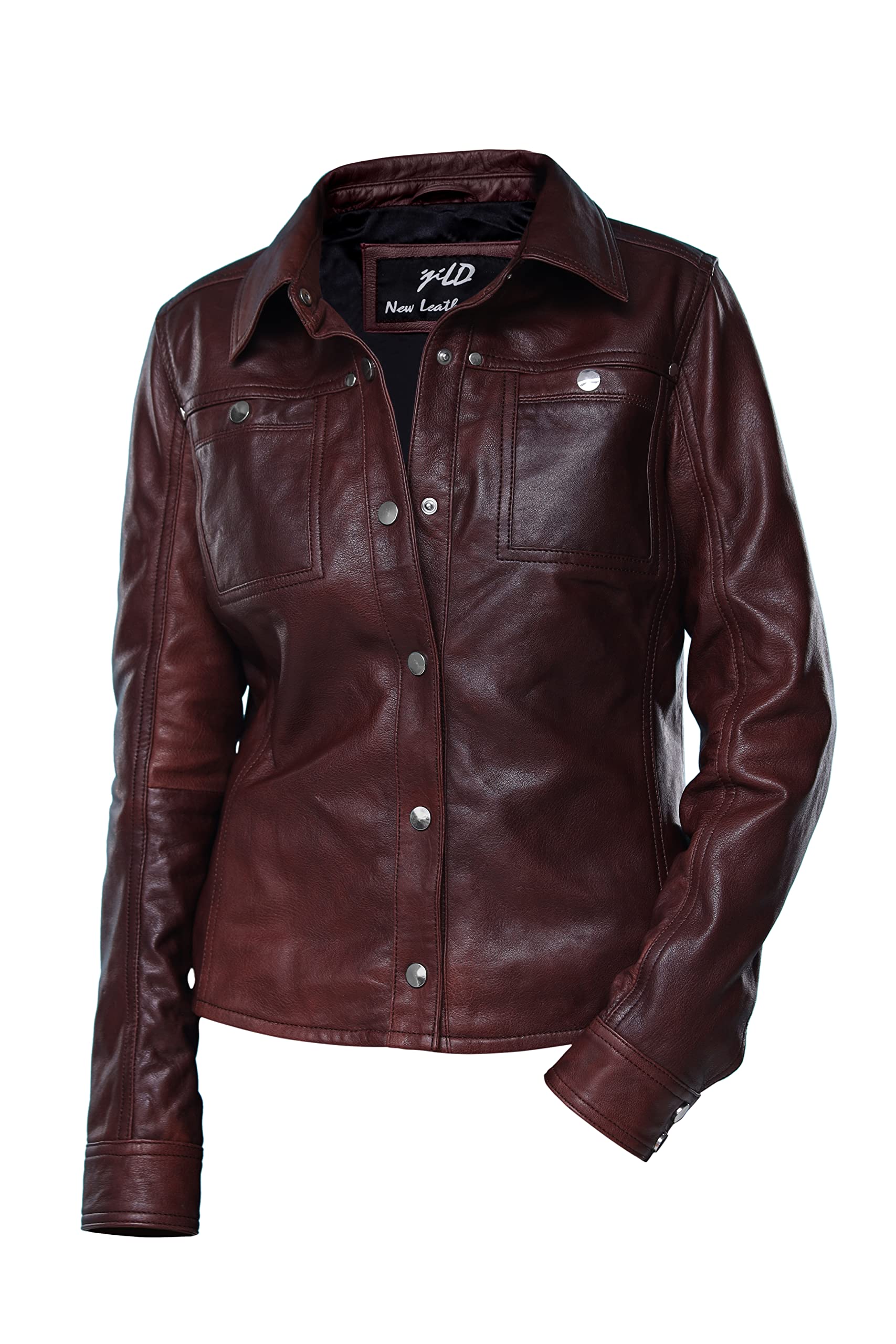 Jild Women's Button Front Lambskin Leather Jacket Shacket - Casual Long Sleeve Shirt Jacket with Bust Pocket | Stylish Outerwear for Fall, Winter & Everyday Wear