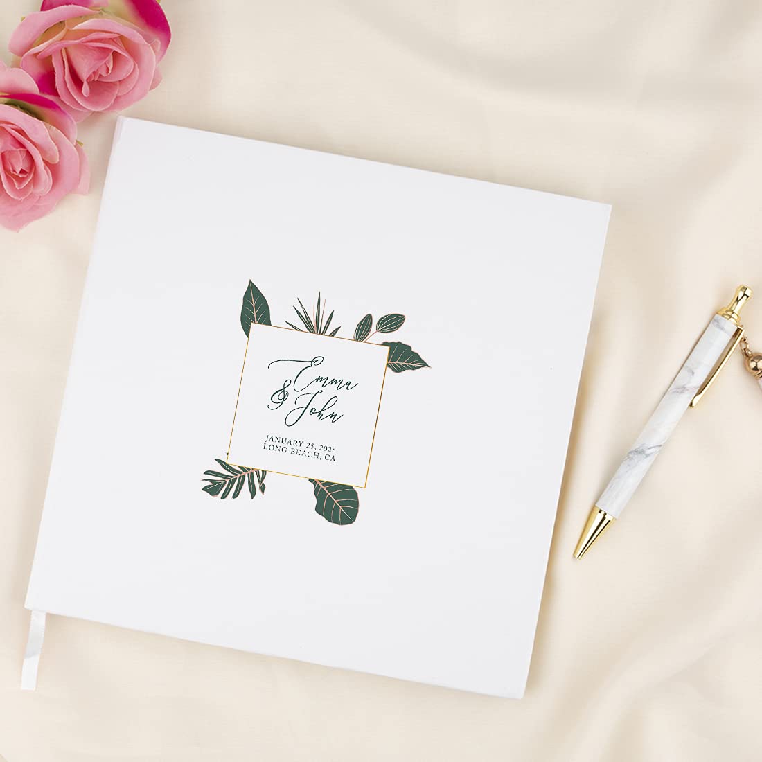 Personalized Wedding Guest Book with Gold Foil Accents - Modern Tropical Palm Design 8.5