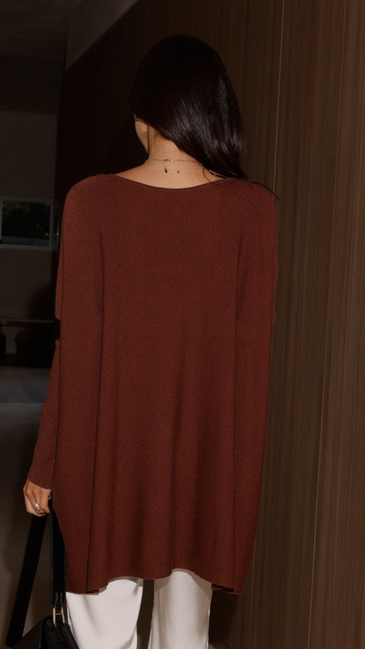 Amalia Knit Top Women's Casual Long Sleeve Sweater Chocolate Brown - Perfect for Fall Layering & Office Wear