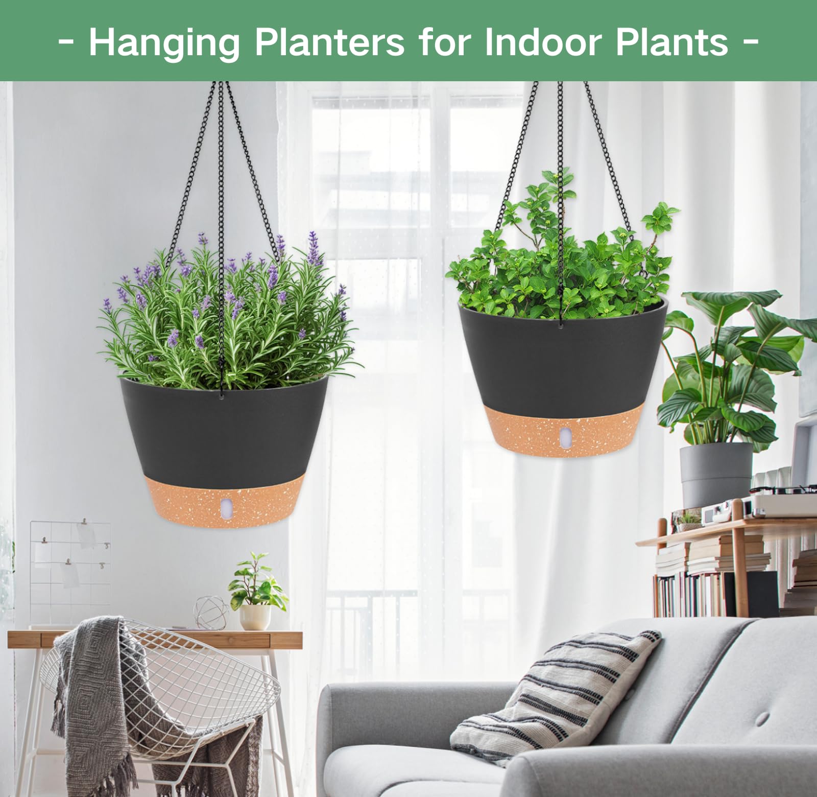 10 Inch Hanging Planters for Indoor Plants - 2 Pack Self Watering Flower Pots with Drainage Holes & Removable Tray - Outdoor Hanging Baskets for Patio, Balcony, and Garden Decor